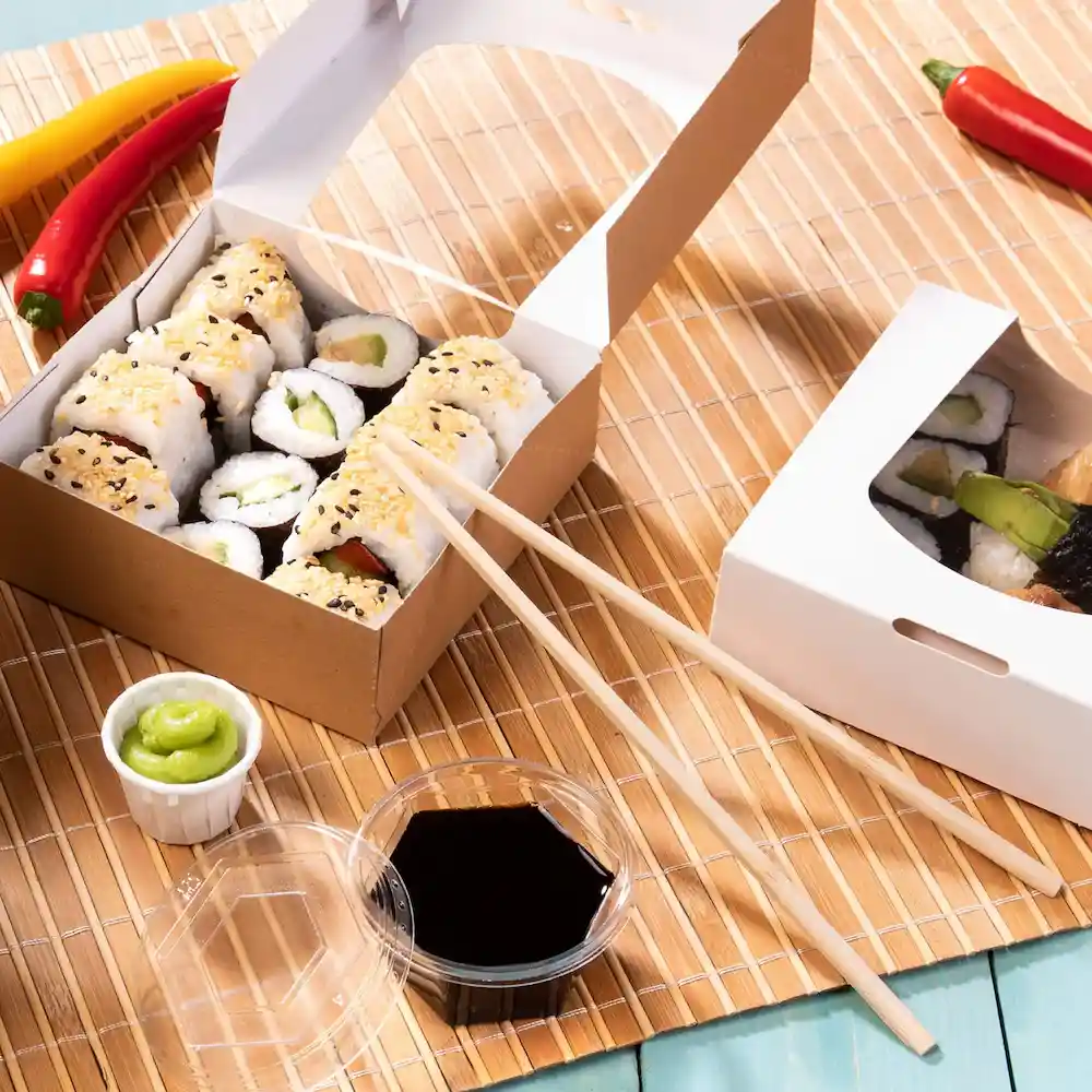 Sushirollen in een afhaaldoos met eetstokjes, wasabi en sojasaus op een bamboemat.