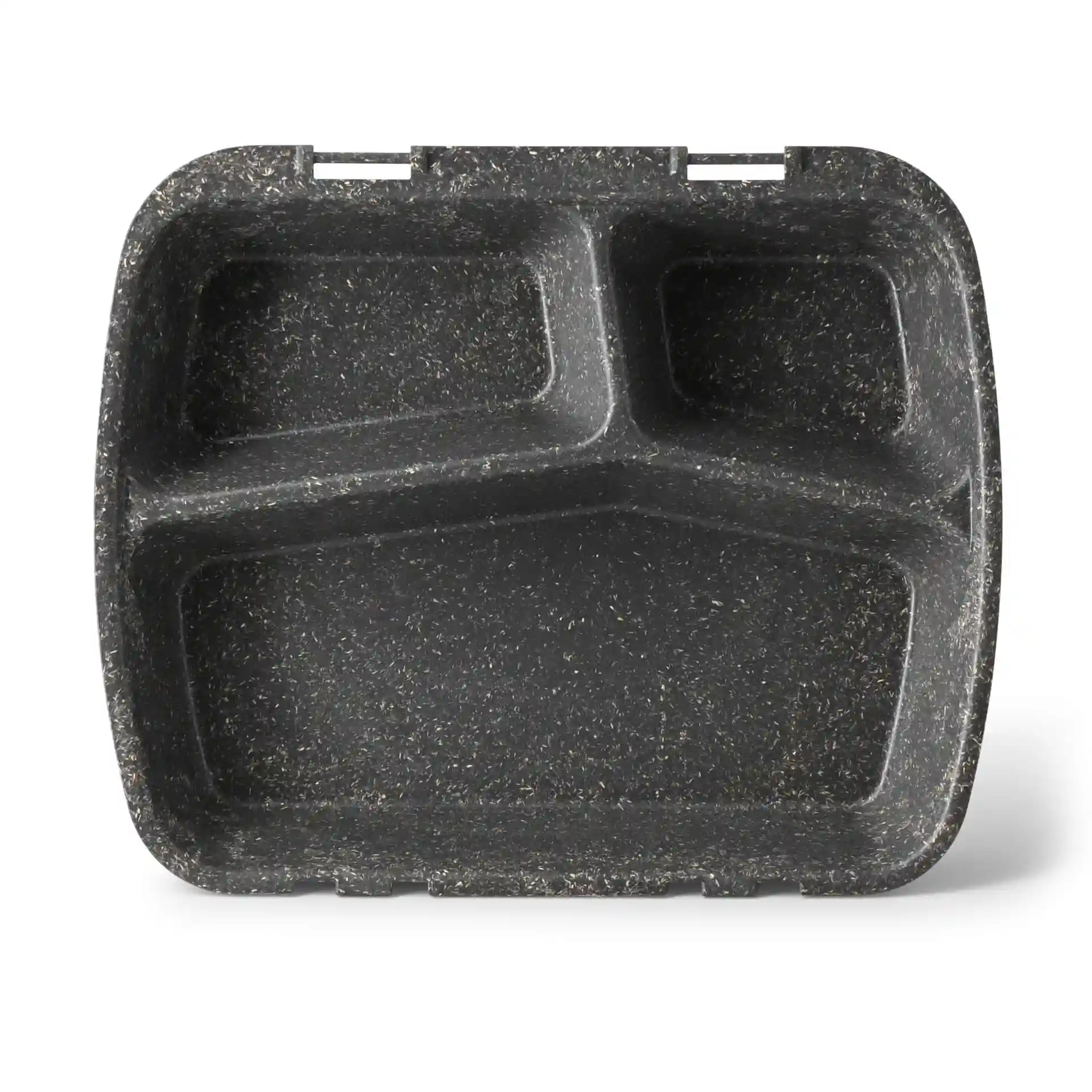Herbruikbare maaltijdcontainer met drie compartimenten, grijze kleur, afmetingen 24,5 x 20 x 4,5 cm.