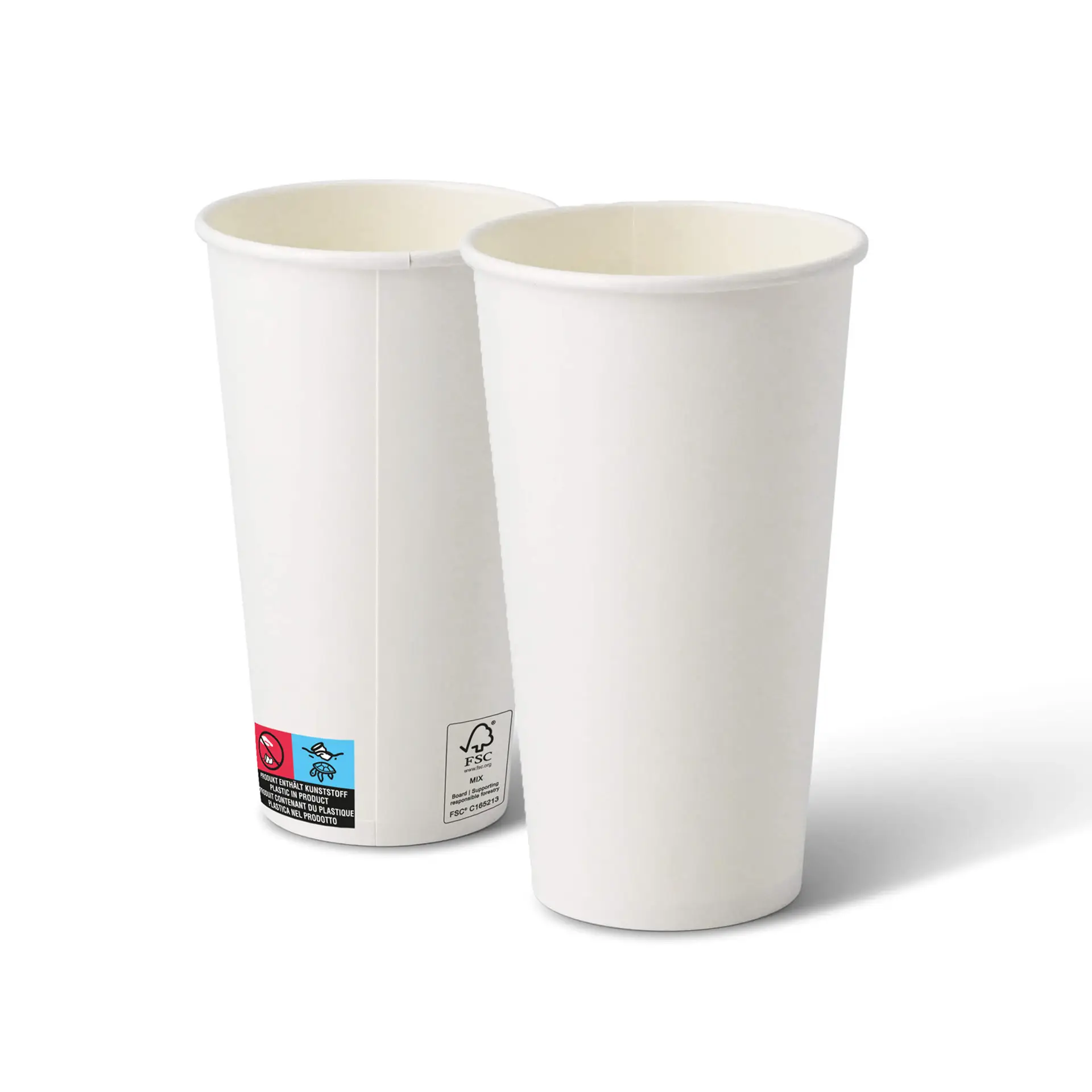 Witte papieren bekers, 20 oz, met ronde vorm en PE-coating, getoond in een groep van twee.