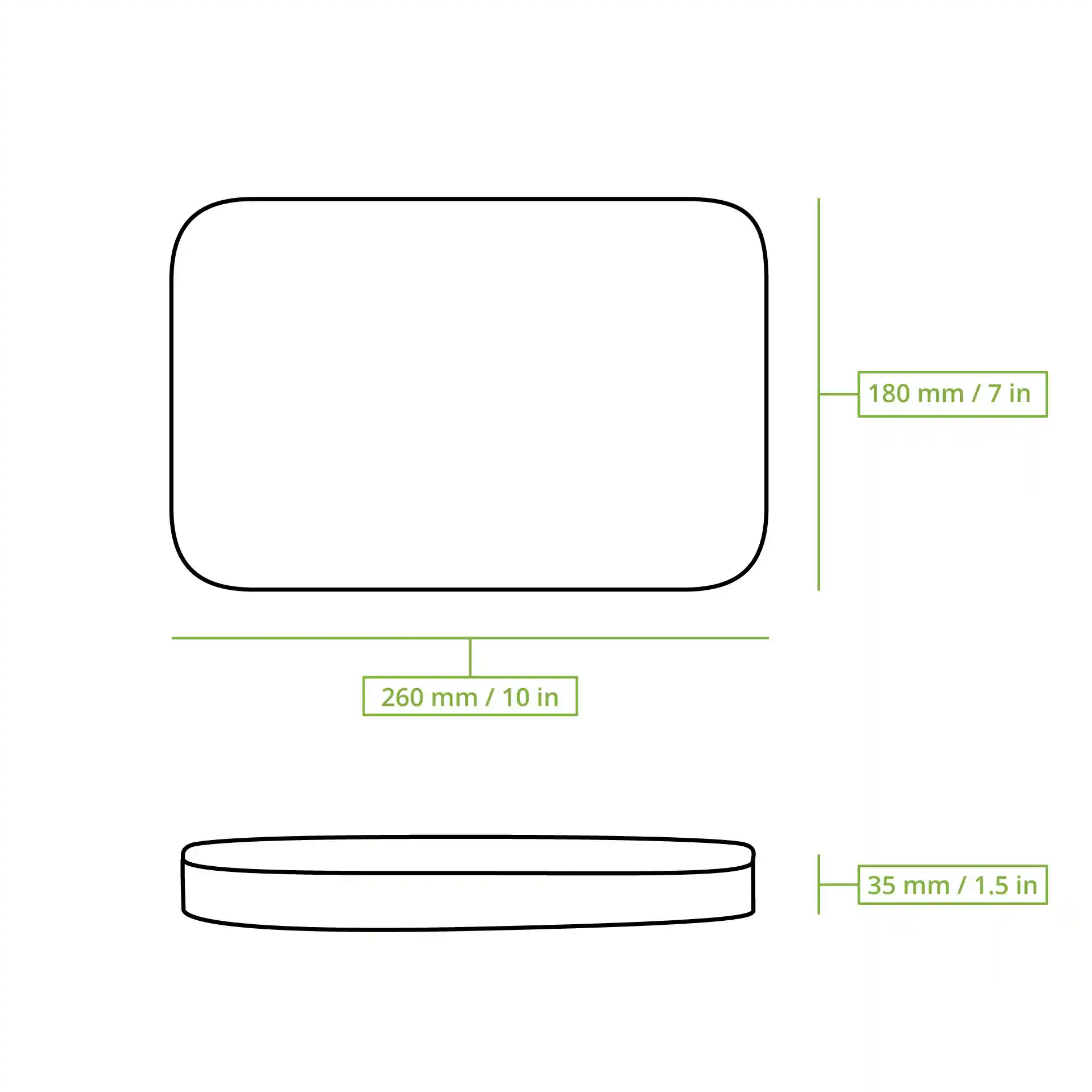 Schematische tekening van een rechthoekig deksel met afmetingen van 260 mm bij 180 mm en een hoogte van 35 mm.