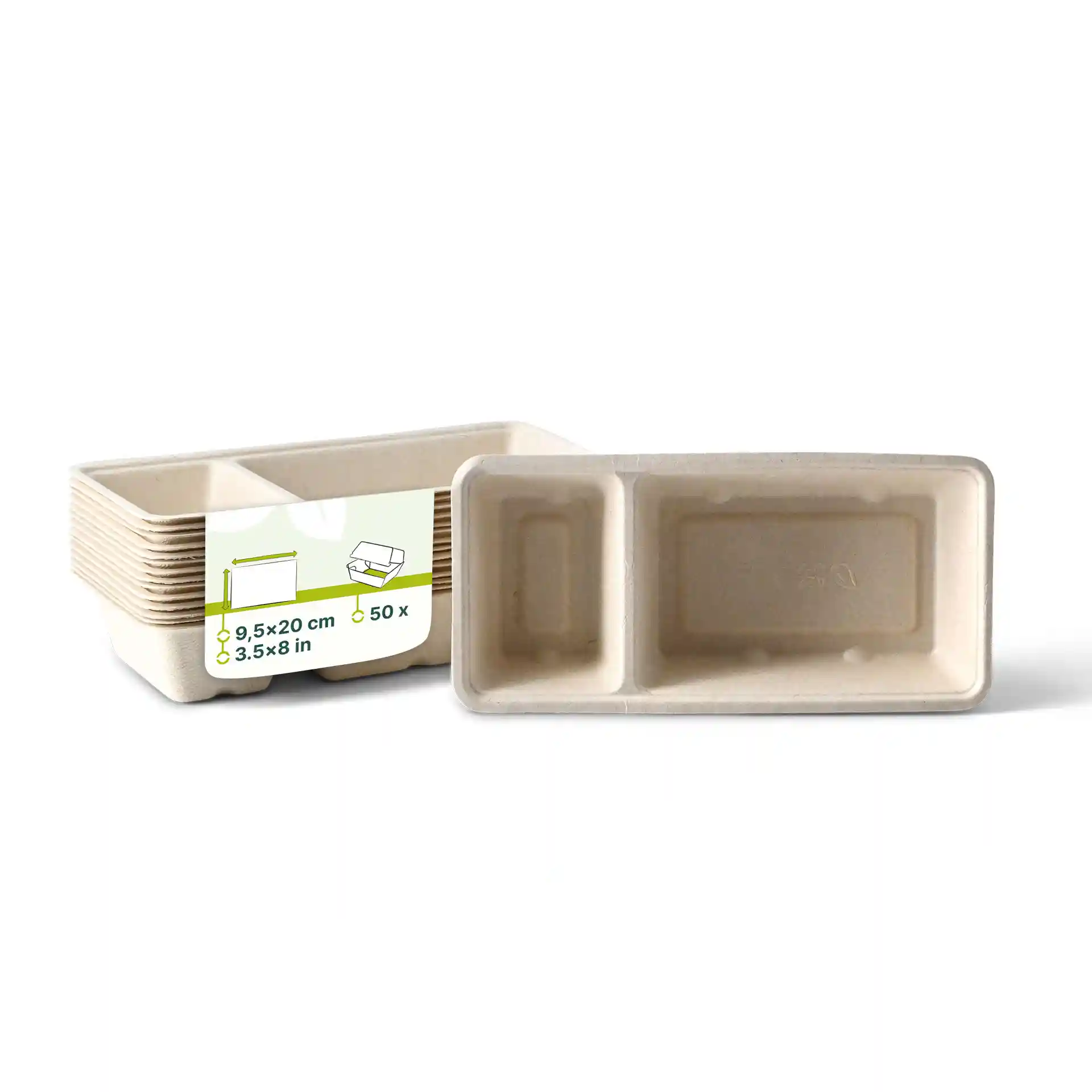 Rechthoekige crème witte bagasse chip tray met twee compartimenten, 9,5 x 20 cm.