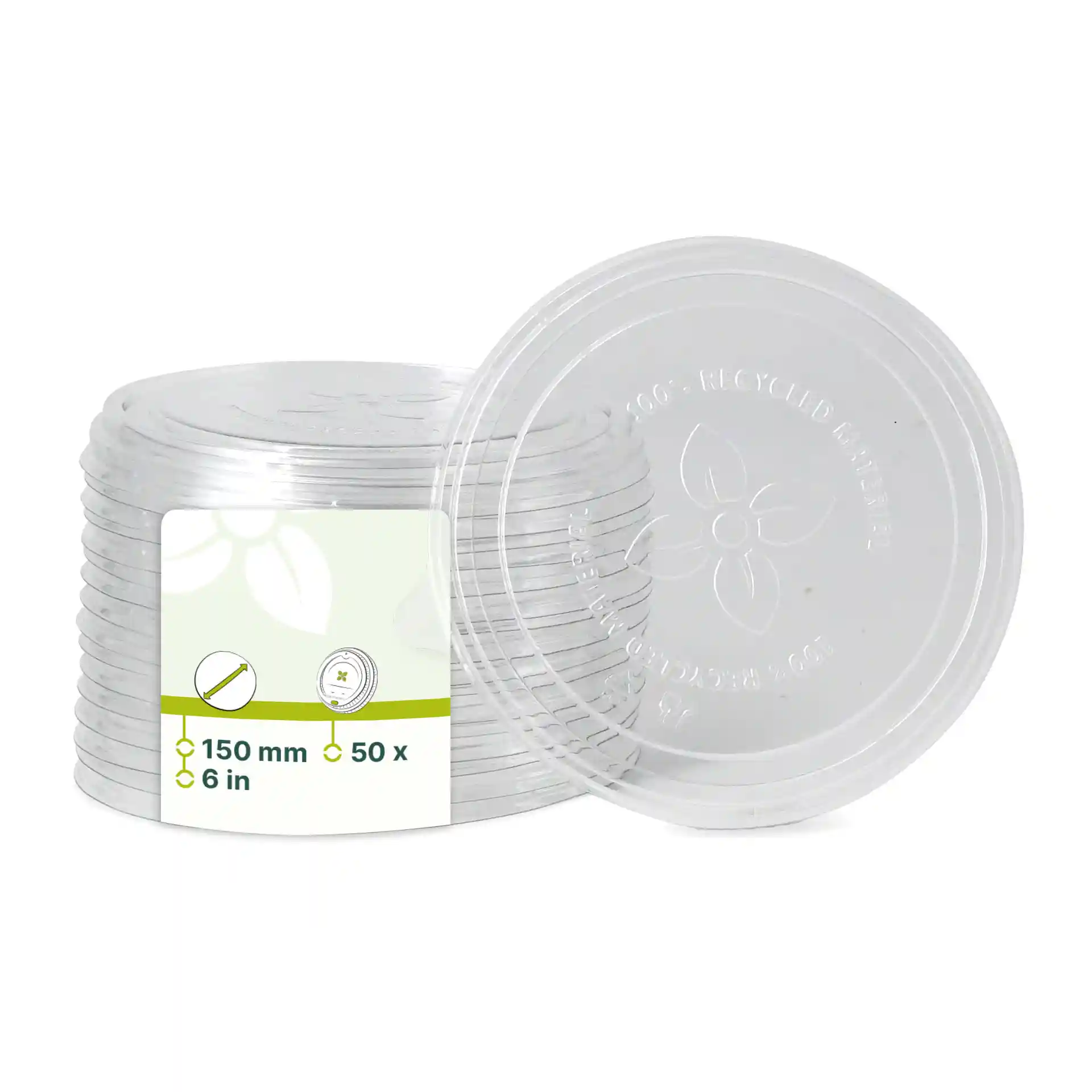 Stapeltje transparante bekerdeksels van rPET, elk met een diameter van 150 mm, weergegeven met een label.