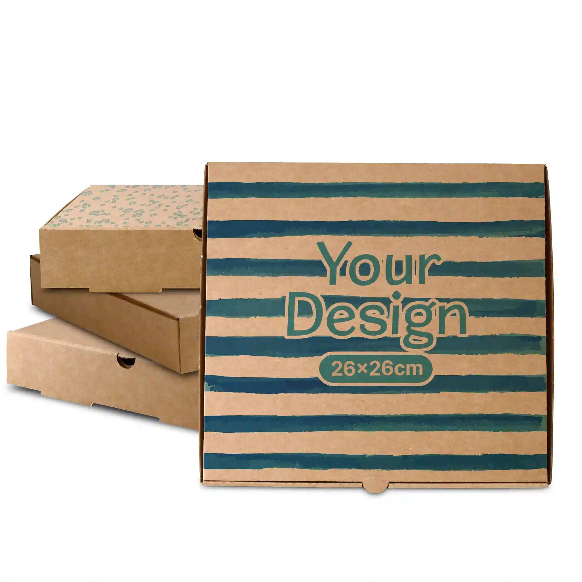 Bruine pizzadoos met blauwe strepen en tekst, 26 x 26 cm, met verschillende soortgelijke dozen op de achtergrond.