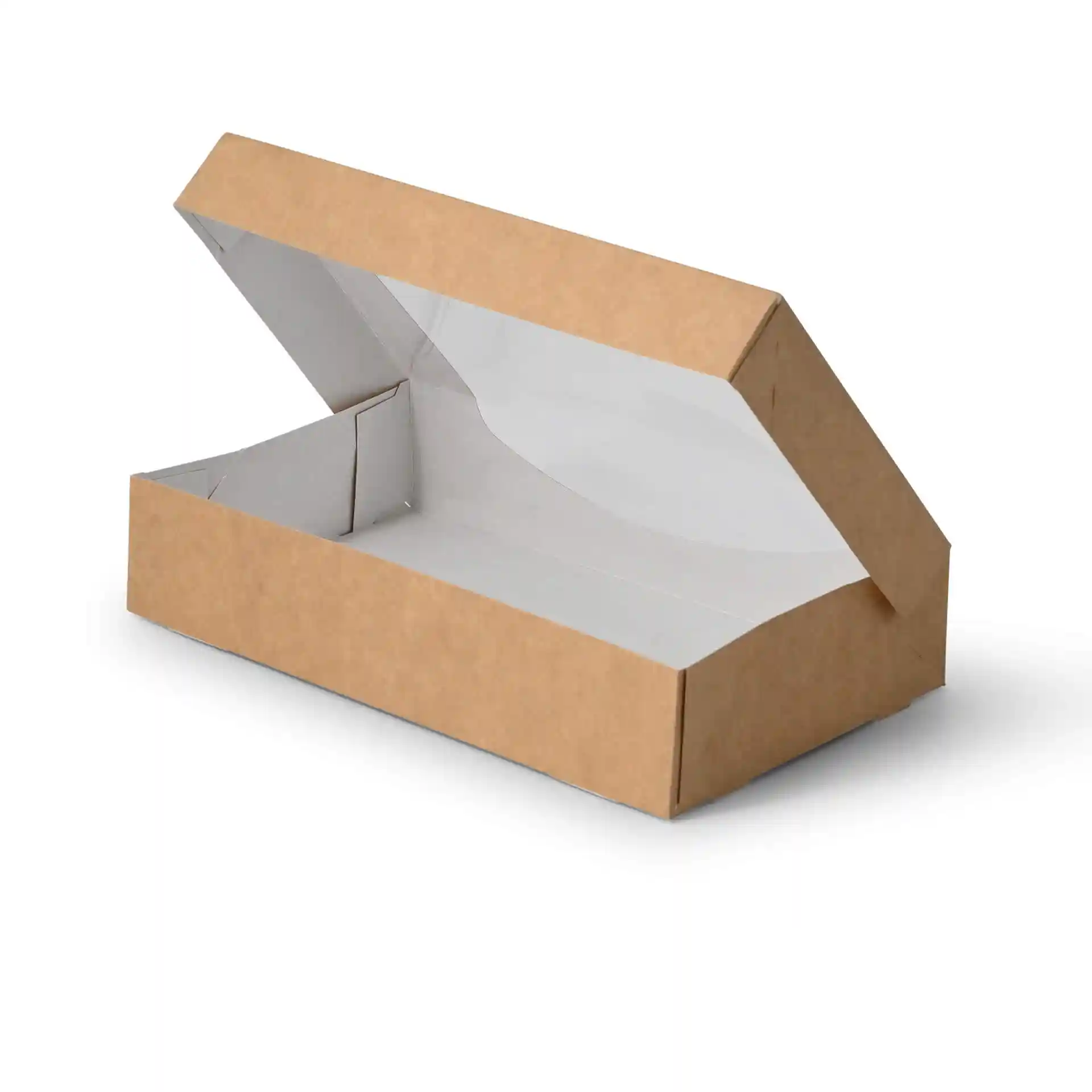 Bruine kartonnen vensterdoos met een witte binnenkant, 20 x 12 x 4 cm, gedeeltelijk open.
