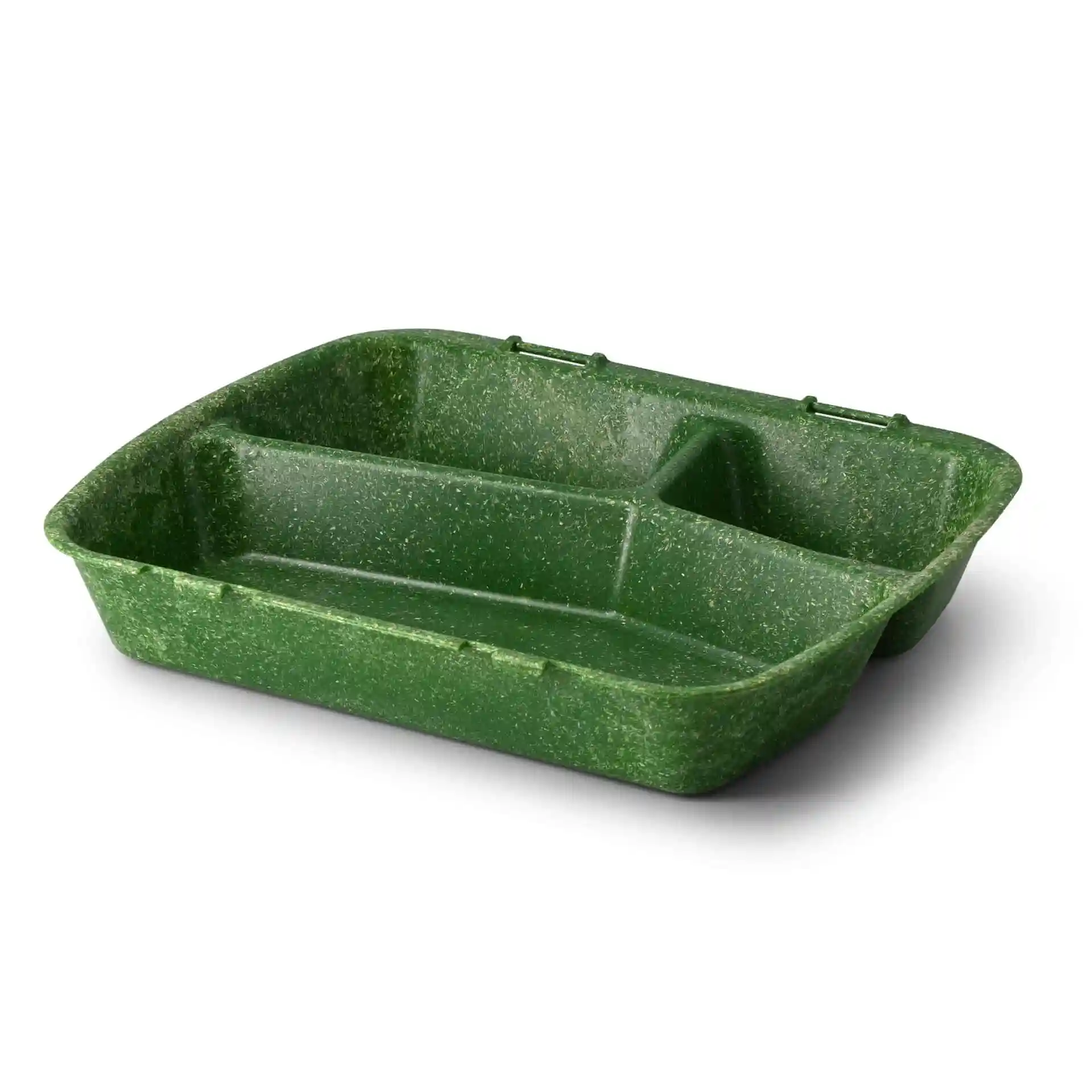 Groene herbruikbare maaltijdcontainer met drie compartimenten, 24,5 x 20 x 4,5 cm groot.