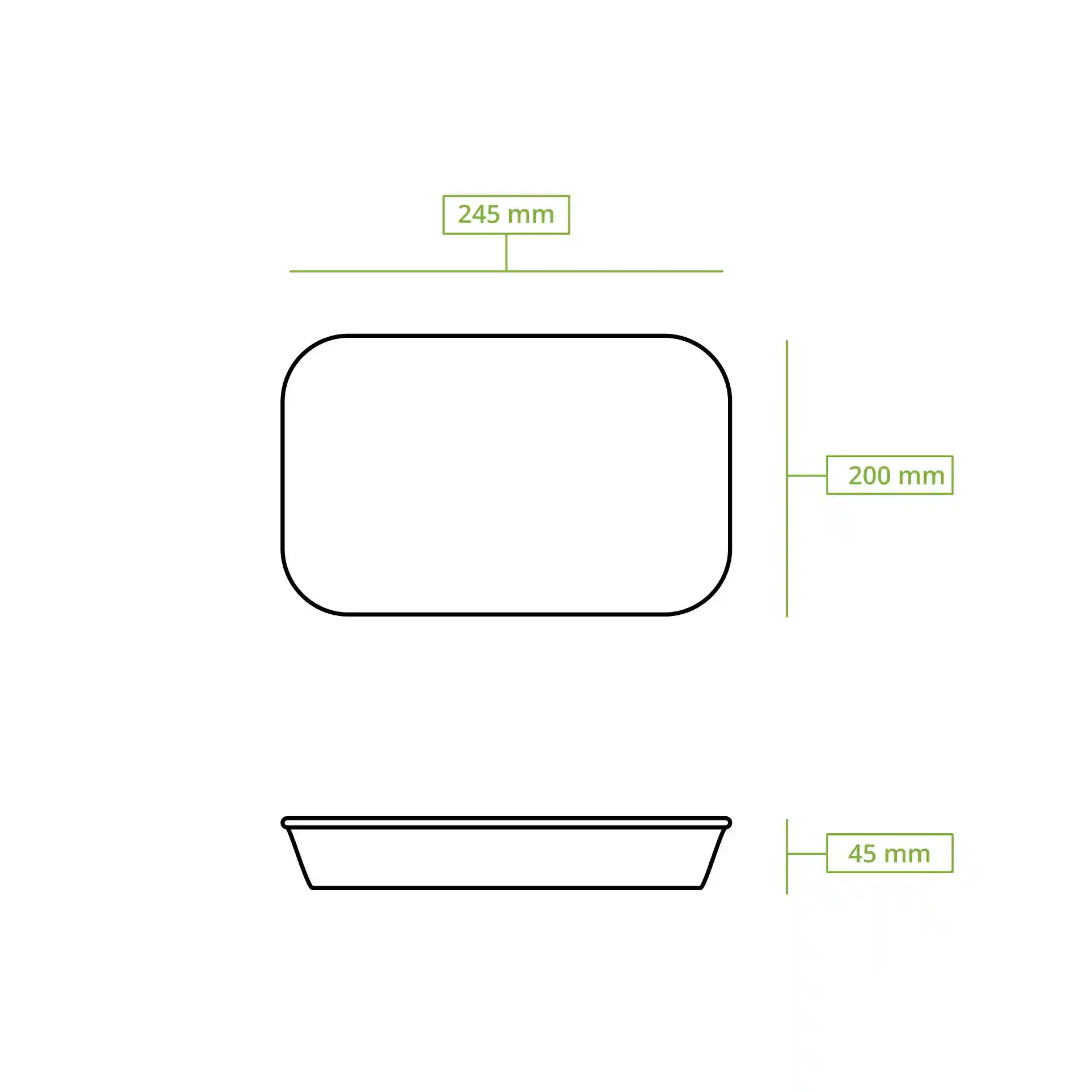 Schematische tekening van een rechthoekige container met afmetingen van 245 mm bij 200 mm en een hoogte van 45 mm.