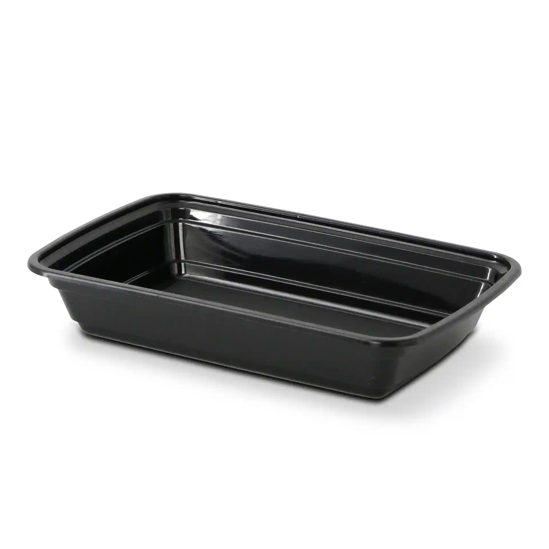 Zwarte rechthoekige herbruikbare container van polypropyleen, 185 mm lang, 125 mm breed en 34 mm hoog.