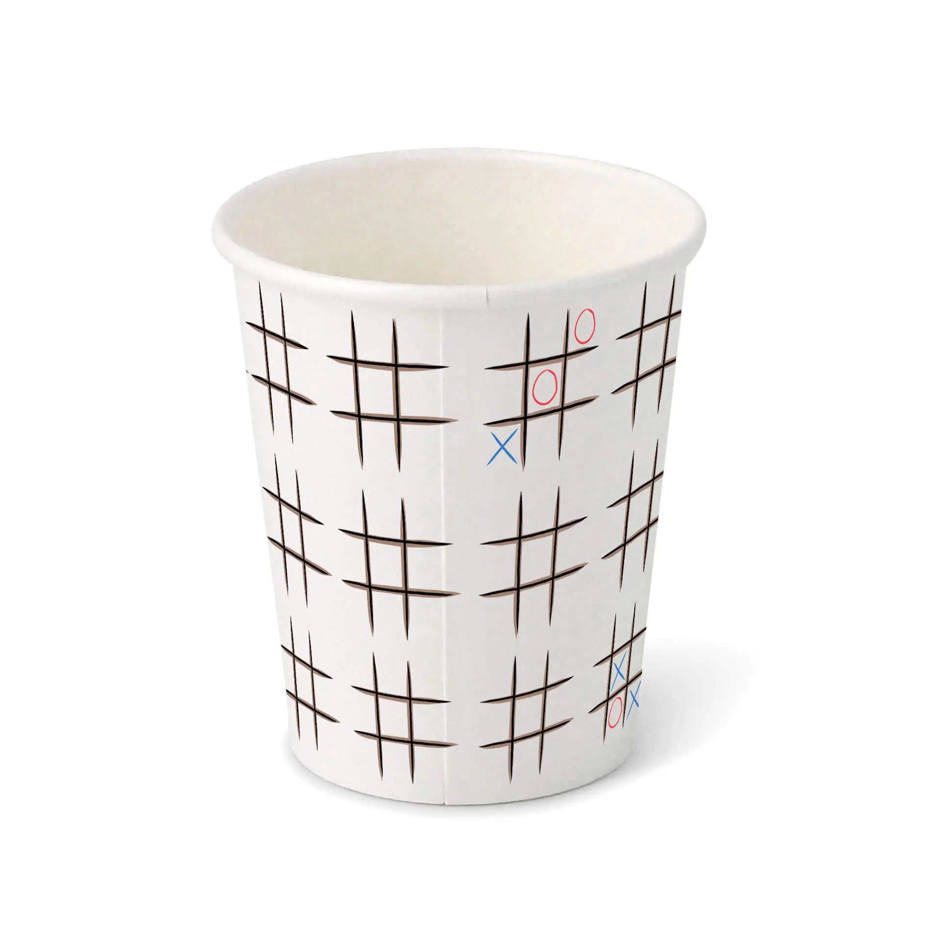 Bedrukte kartonnen beker "Tic Tac Toe" (gecoat) 200 ml / 8 oz, Ø 80 mm, wit