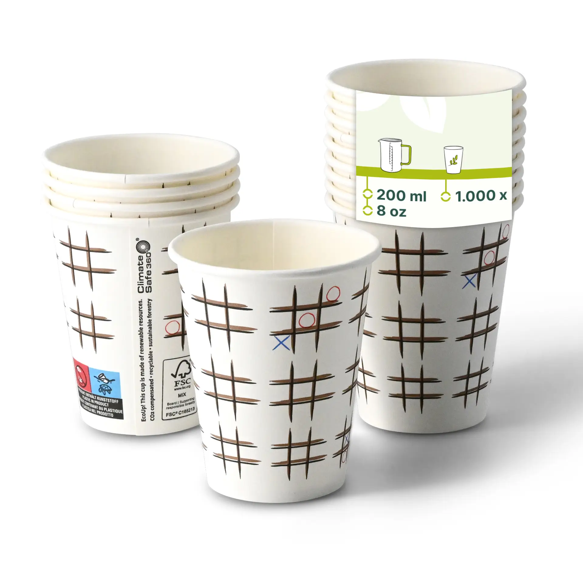 Bedrukte kartonnen beker "Tic Tac Toe" (gecoat) 200 ml / 8 oz, Ø 80 mm, wit con10030-01-0-pappbecher-bedruckt-tic-tac-toe-beschichtet-200-ml-8-oz-80-mm-weiss