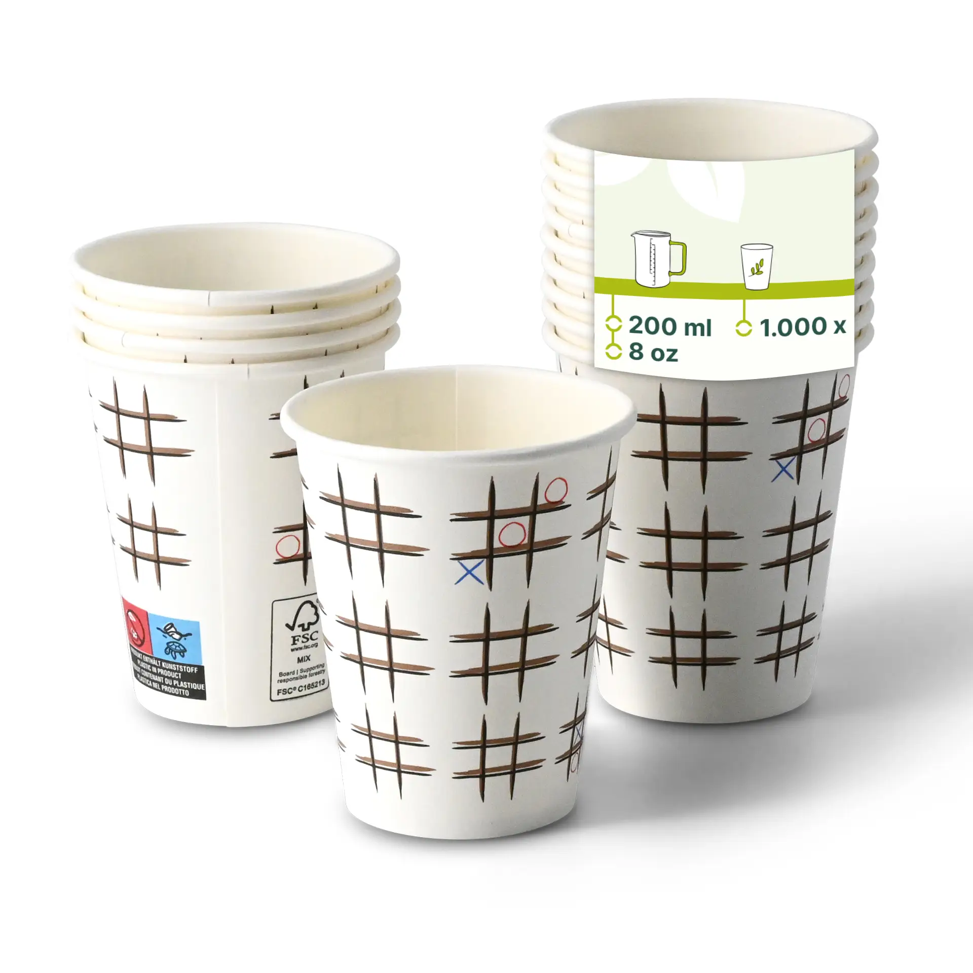 Witte papieren bekers met een "Tic Tac Toe"-print, ronde vorm, 8 oz capaciteit, gestapeld met één beker vooraan.