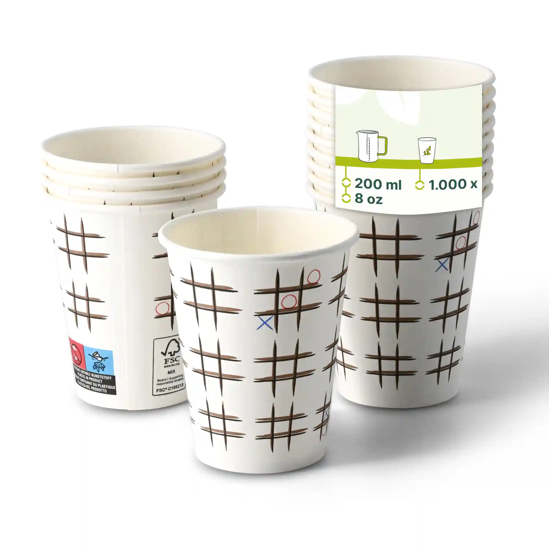 Witte papieren bekers met een "Tic Tac Toe"-print, ronde vorm, 8 oz capaciteit, gestapeld met één beker vooraan.