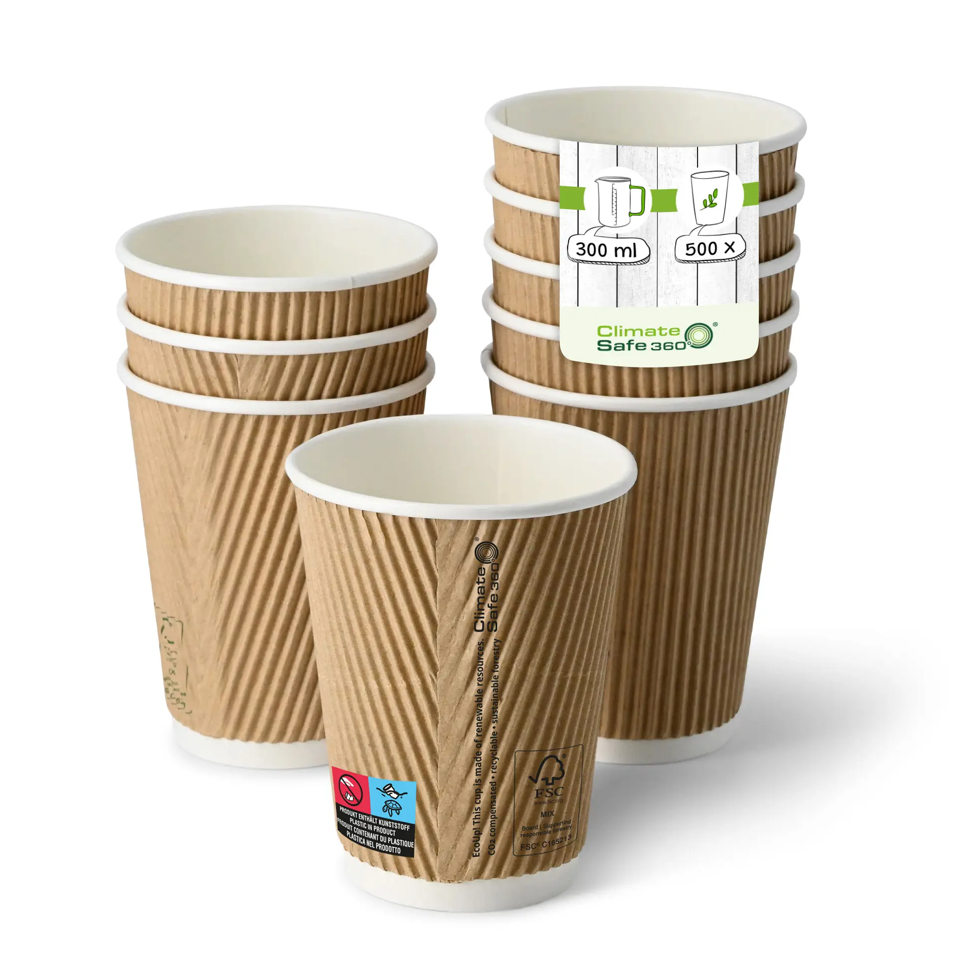 Koffiebekers to go van karton (gecoat) / Ribbelbekers 300 ml / 12 oz, Ø 80 mm, bruin, binnenkant wit con10026-01-0-riffelbecher-beschichtet-coffee-to-go-becher-300-ml-12-oz-90-mm-braun-innen-weiss