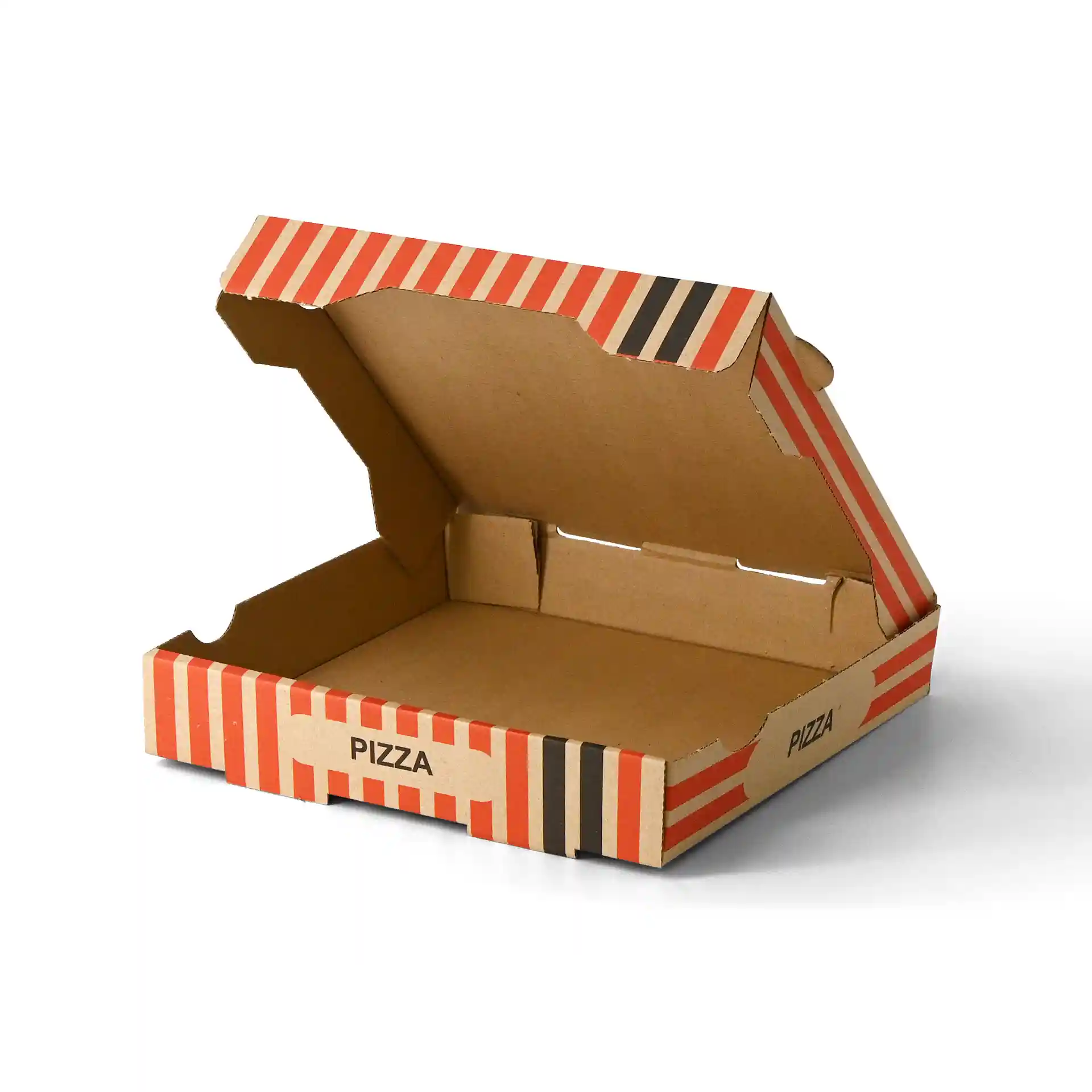 Bruine pizzadoos met een ontwerp van een pizzakok, 26 x 26 x 4 cm, open getoond.