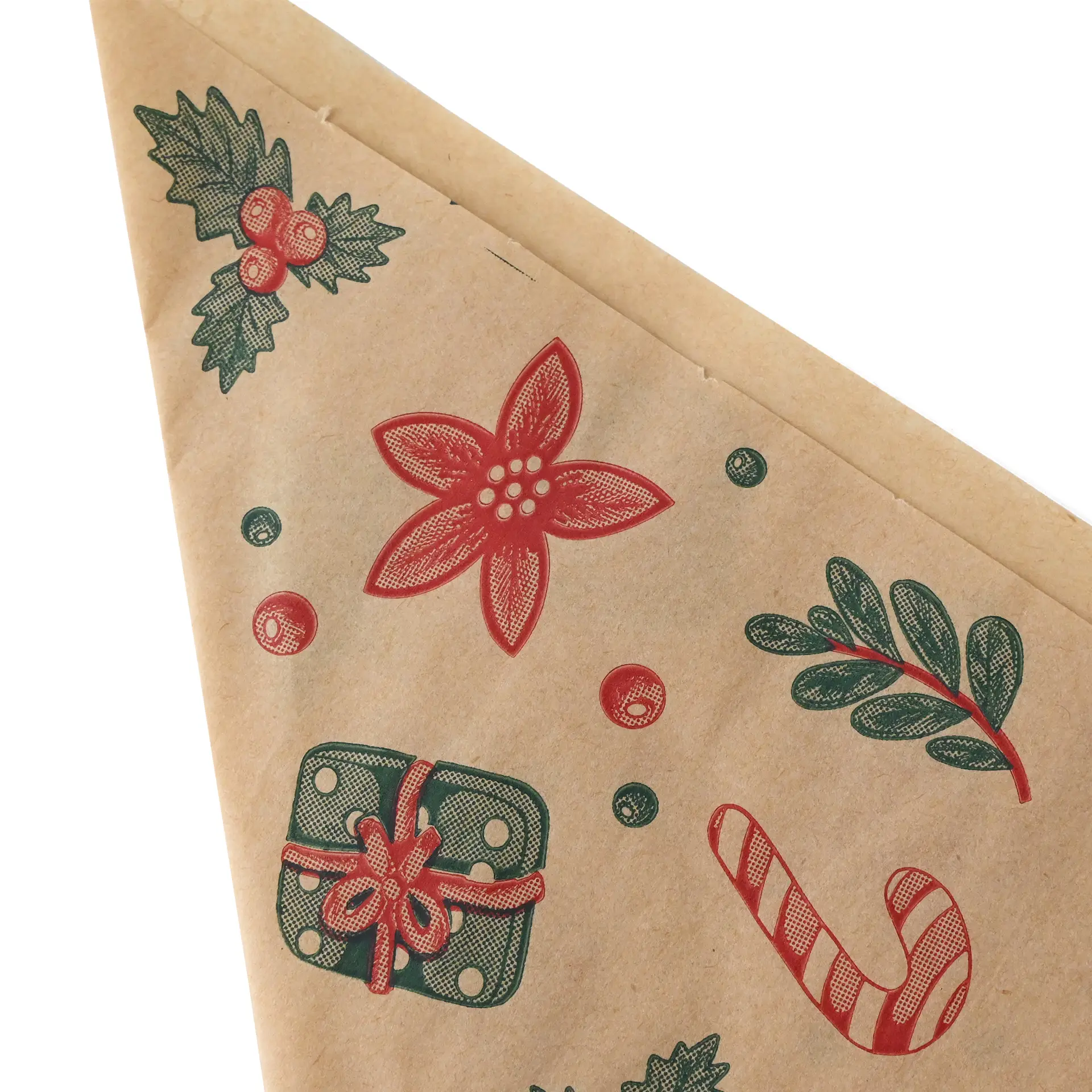 Bruine vetvrije tas met winterthema, met rode bloemen, groene bladeren en zuurstokken.