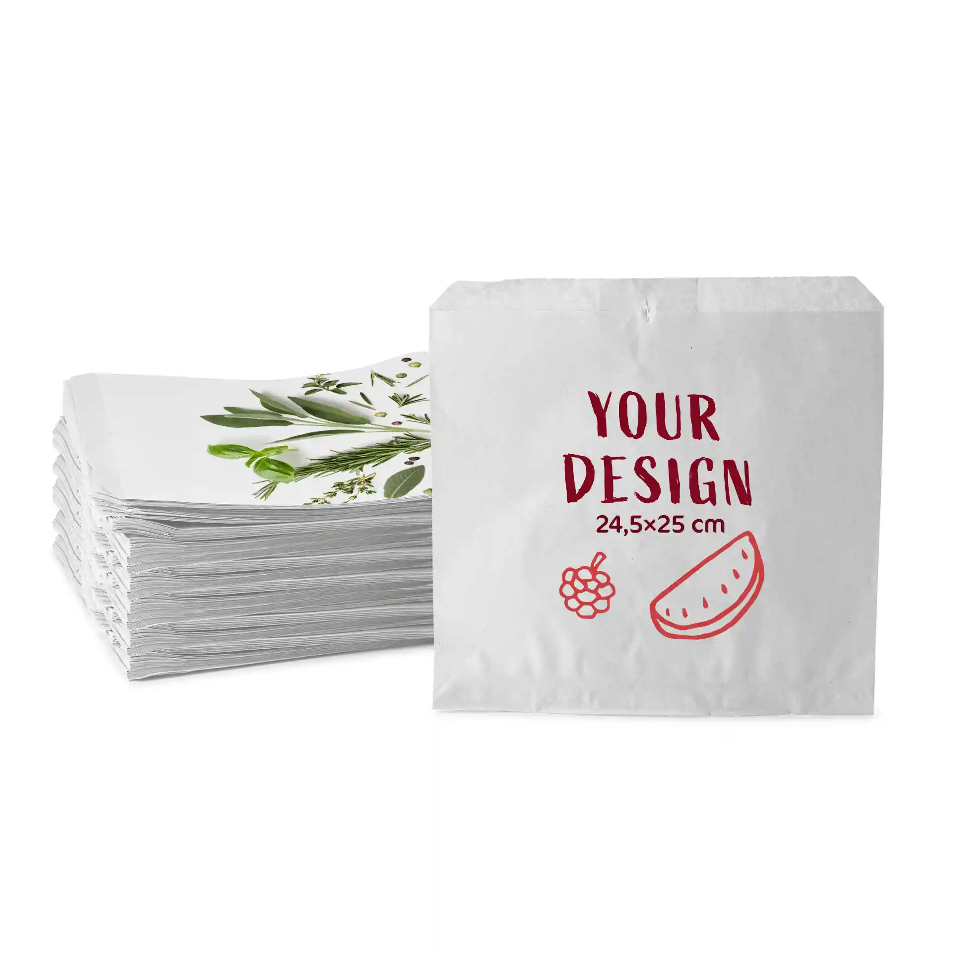 Witte platte tas met een ontwerpgedeelte, 24,5 × 25 cm, gestapeld met vergelijkbare tassen erachter.