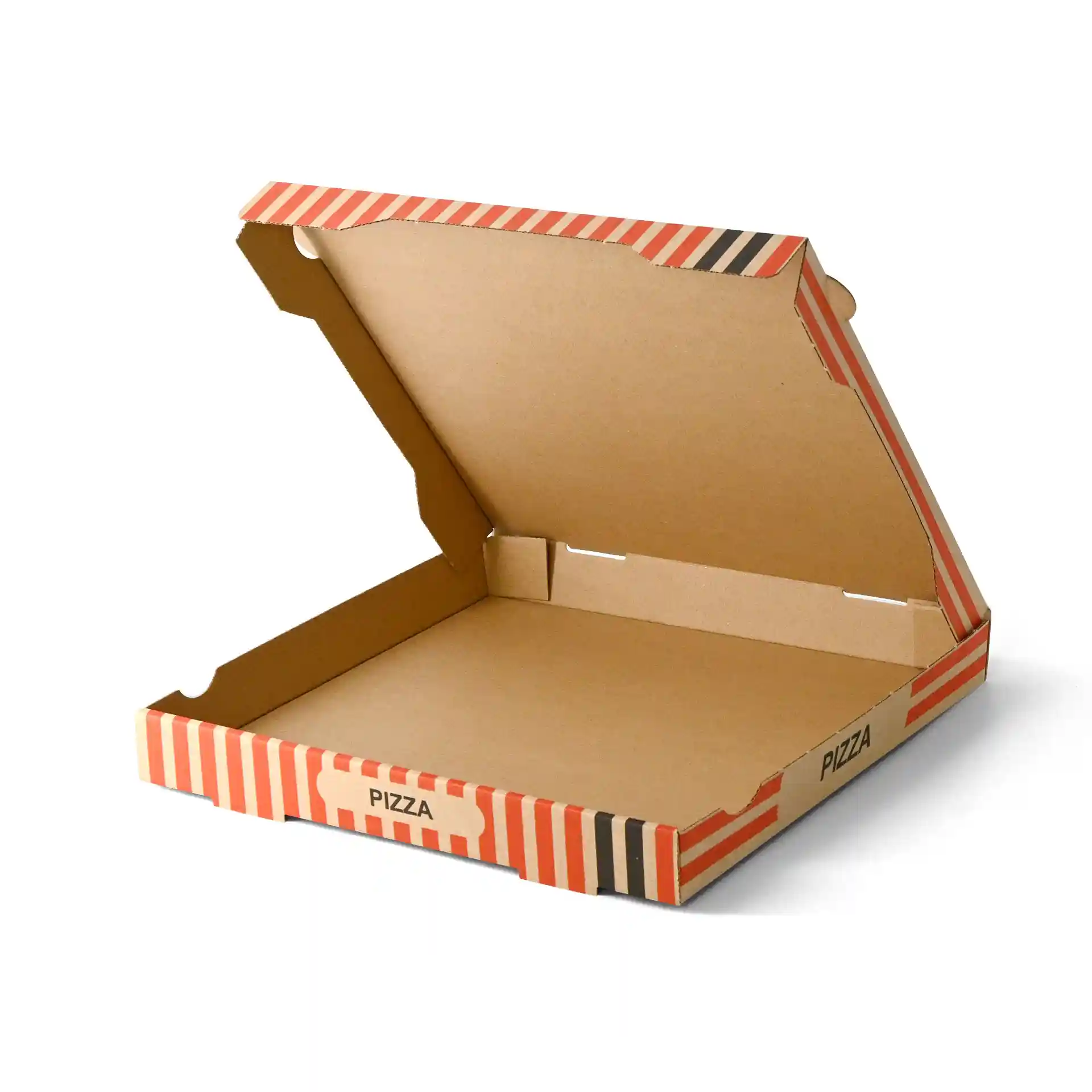 Bruine pizzadoos met een ontwerp van een pizzakok, 32 x 32 x 4 cm, open getoond.