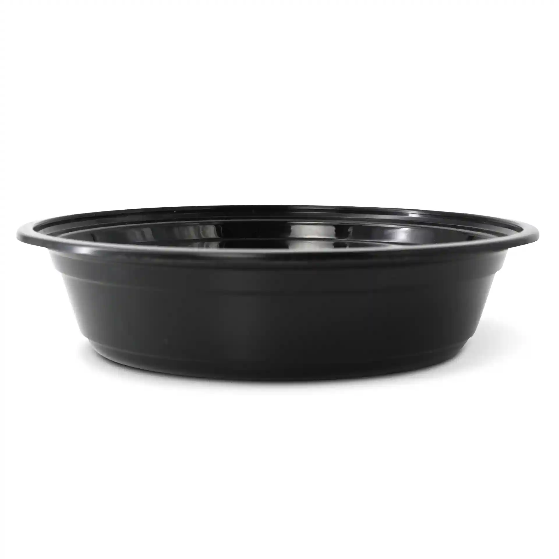 Rond zwart herbruikbaar bord van polypropyleen, 700 ml capaciteit, diameter 182 mm en hoogte 44 mm.