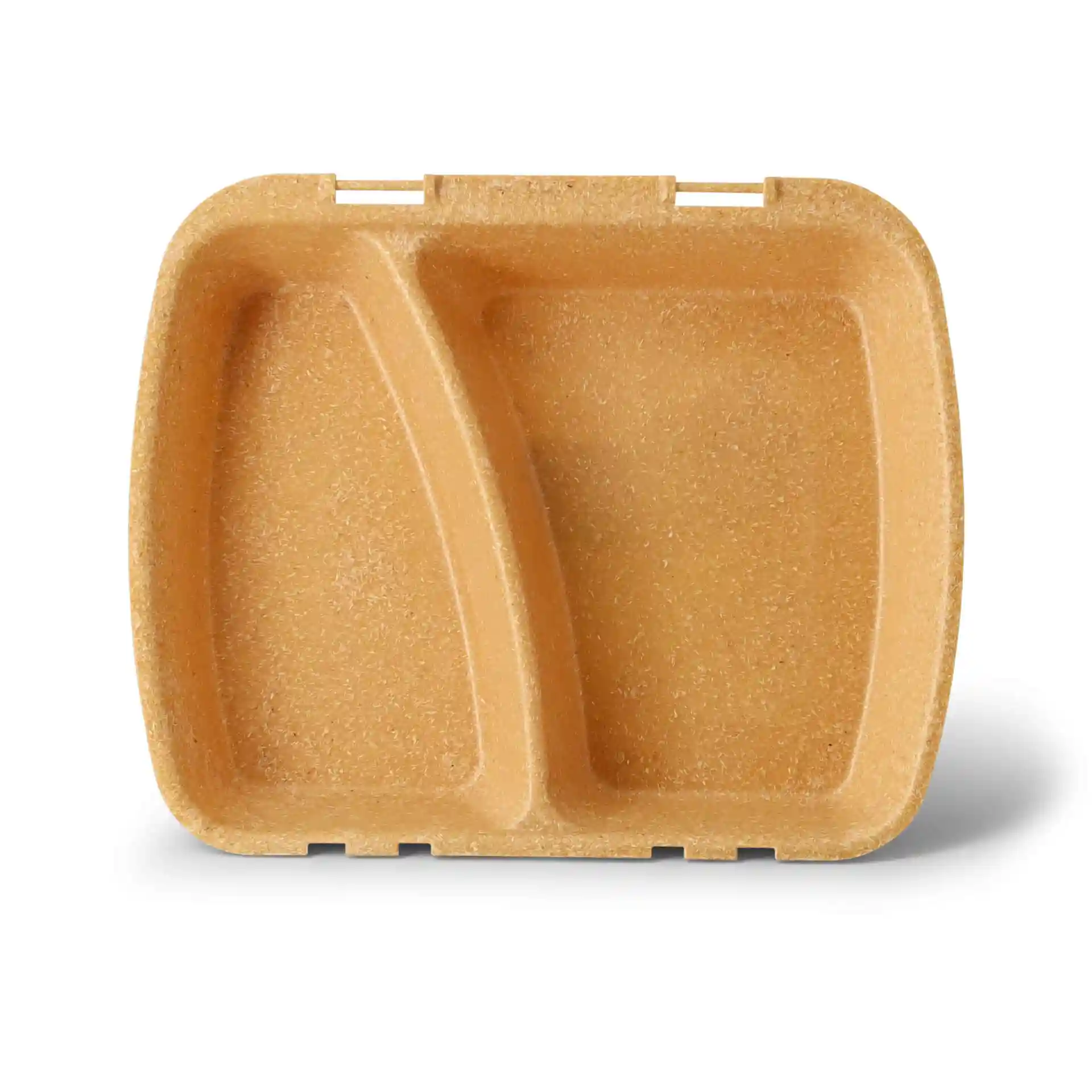 Bruine herbruikbare maaltijdcontainer met twee compartimenten, 24,5 x 20 x 4,5 cm groot.