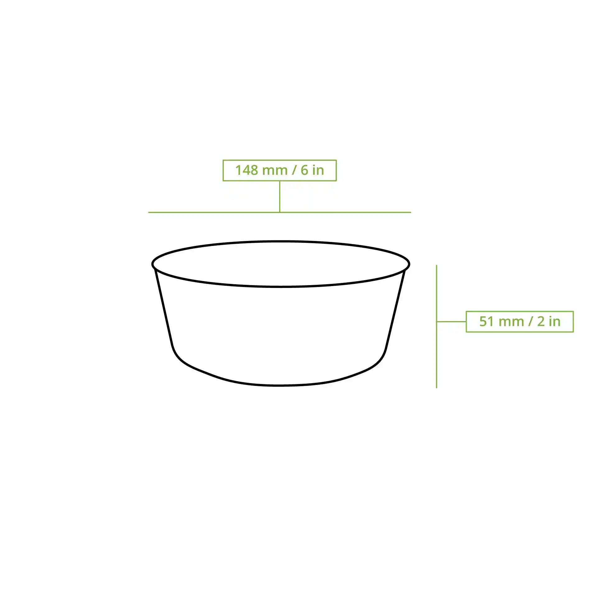 Schematische tekening van een ronde kartonnen kom met maatlijnen die een diameter van 150 mm en een hoogte van 51 mm tonen.