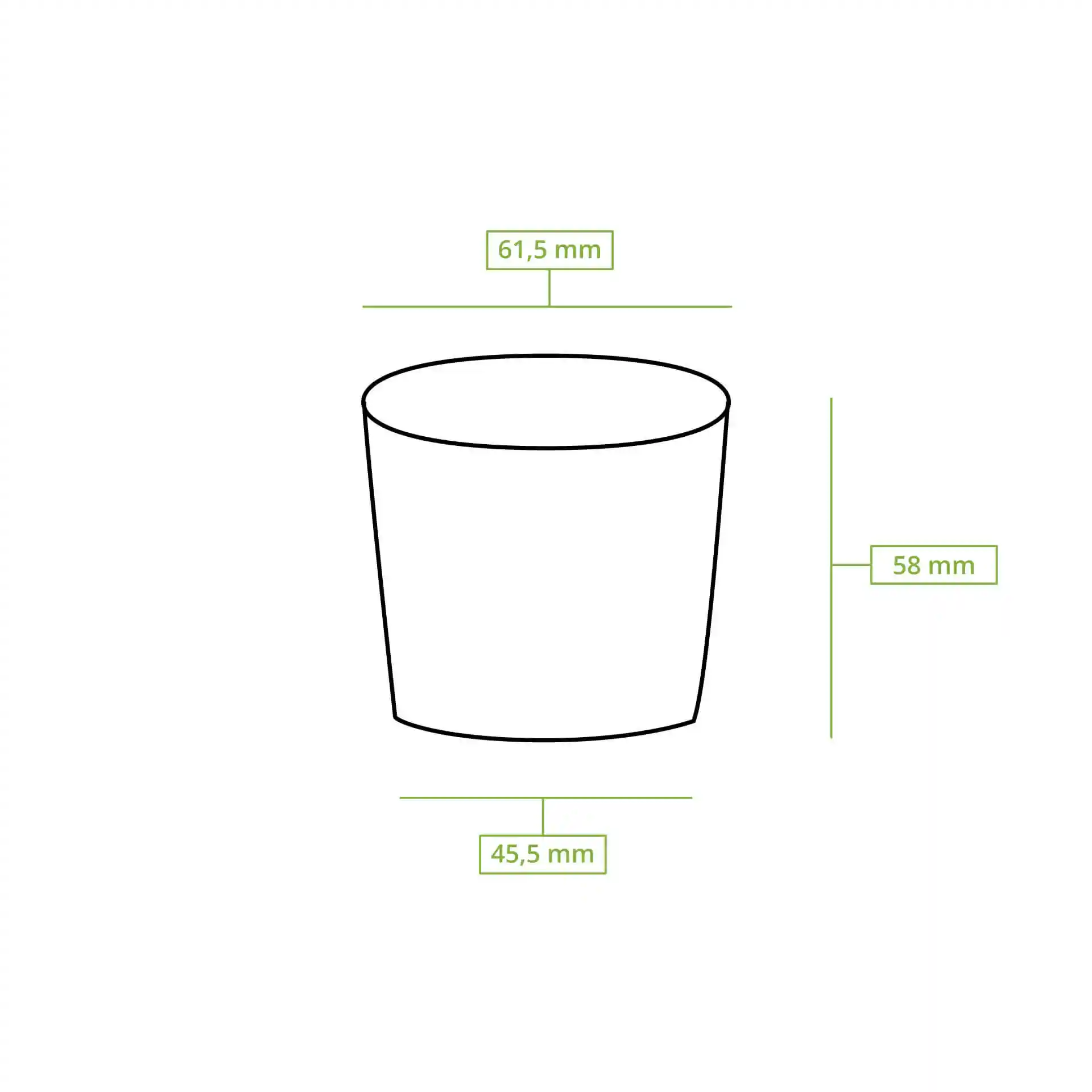 Schematische tekening van een ronde deli-container met afmetingen: hoogte 61 mm, bovenste diameter 62 mm, onderste diameter 45 mm.