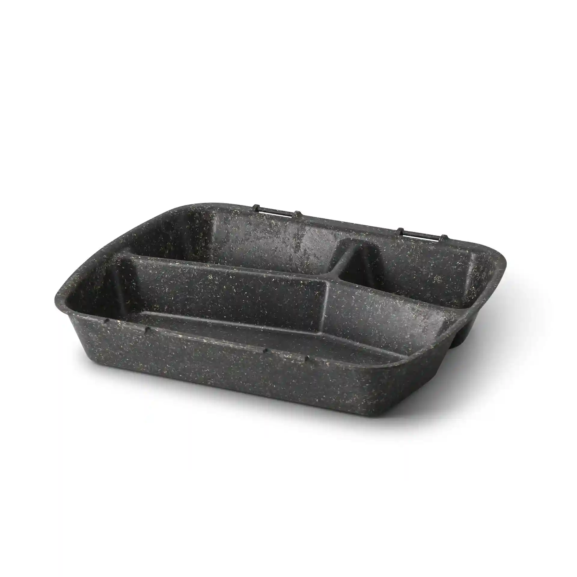Herbruikbare maaltijdcontainer met drie compartimenten, grijze kleur, afmetingen 24,5 x 20 x 4,5 cm.