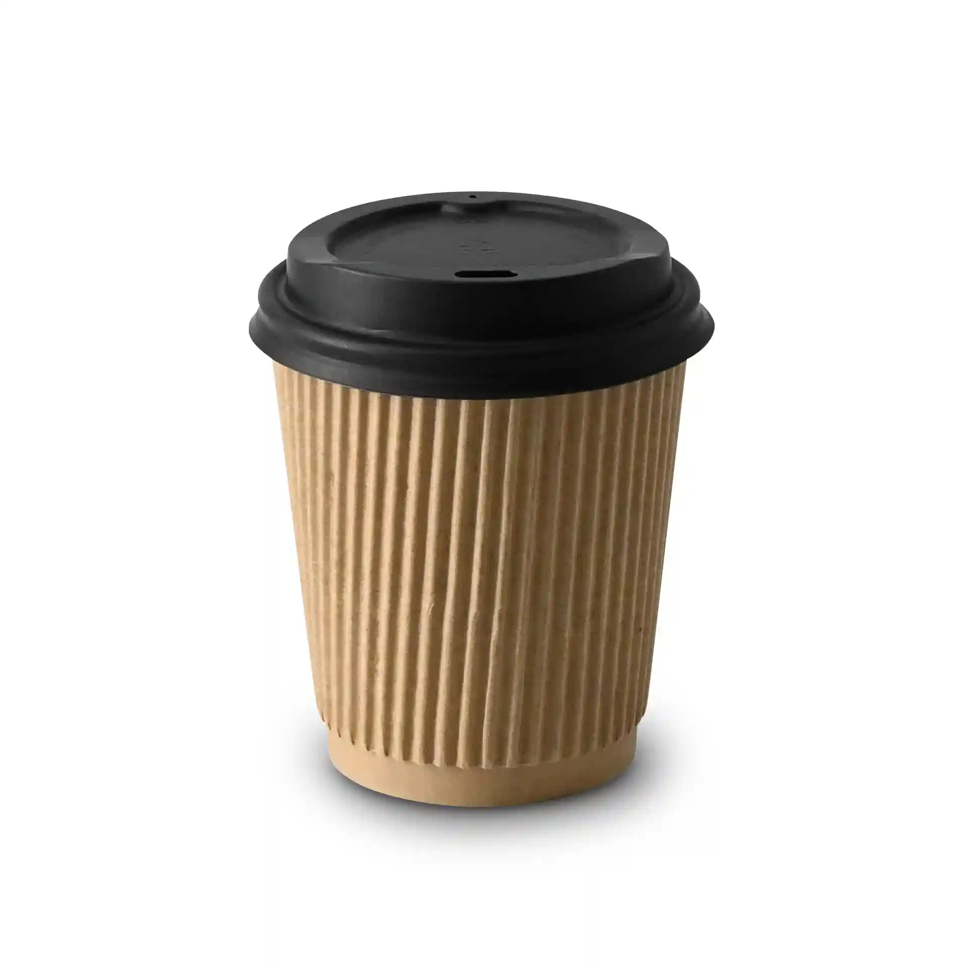 Bruine ribbelpapier drinkbeker met zwarte deksel, 8 oz capaciteit, 90 mm hoogte en 80 mm diameter.
