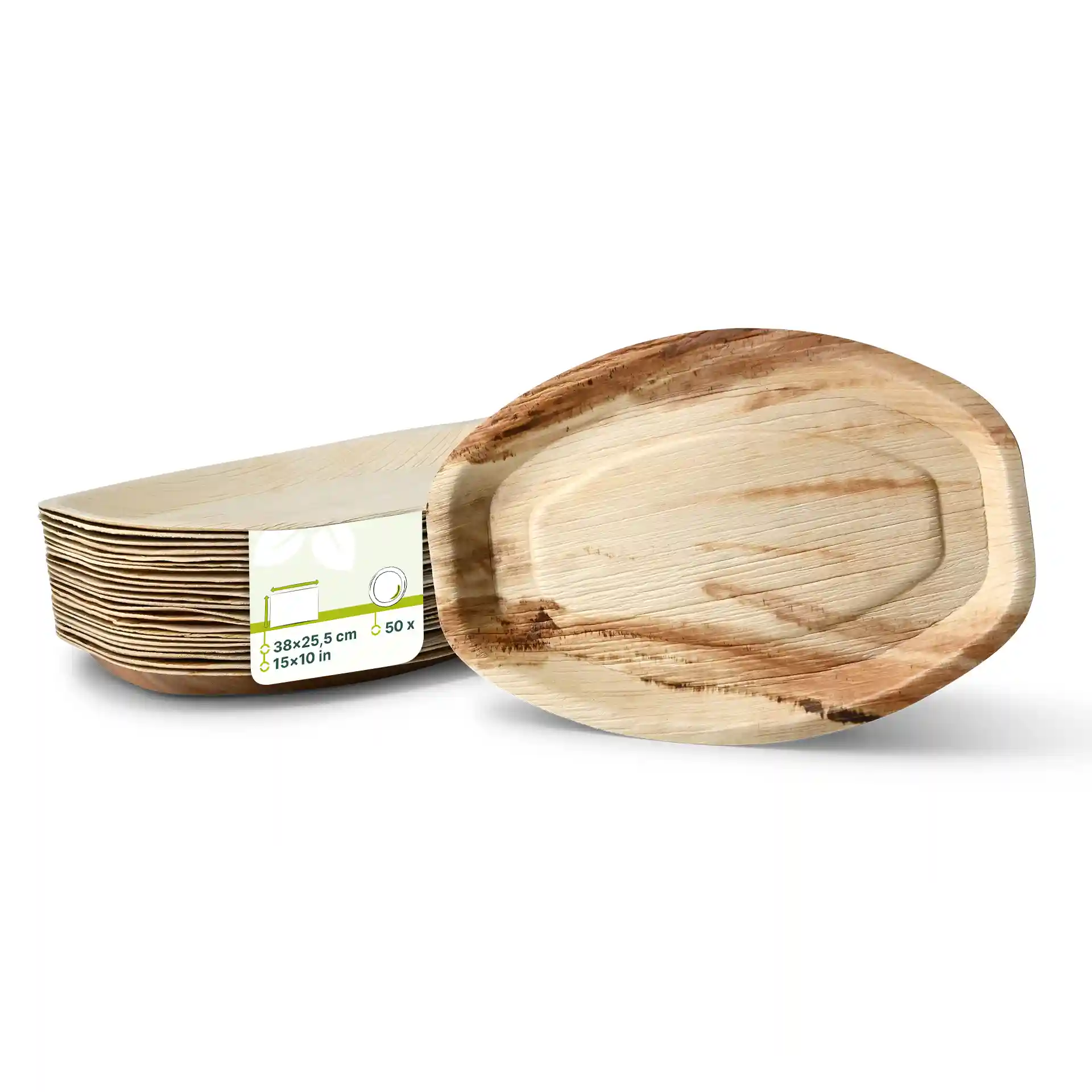 Rechthoekig palmblad dienblad met een natuurlijke houtafwerking, 38 x 25,5 cm, getoond met een label.