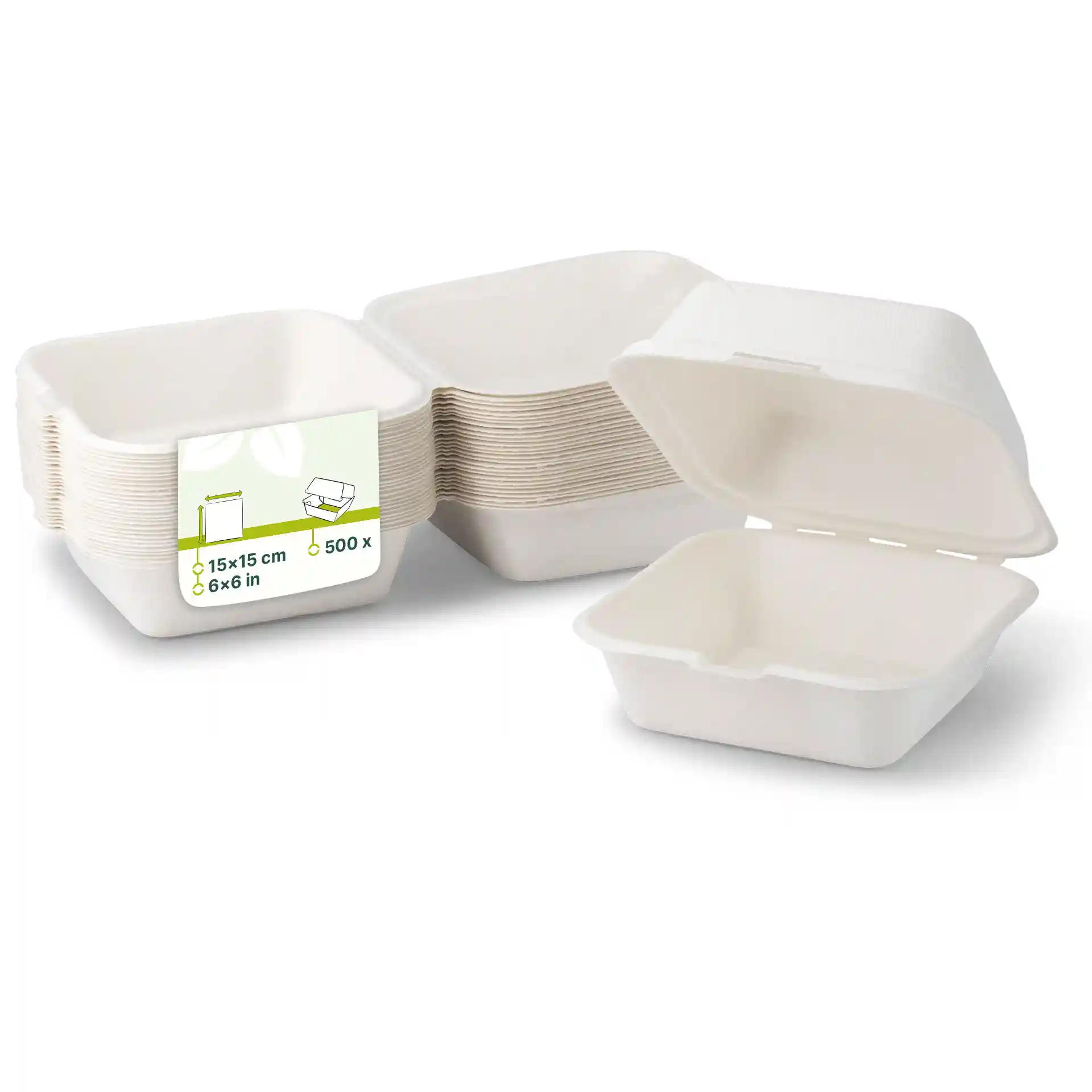 Stapel van witte suikerriet-burgerdozen, vierkante vorm, met één doos open die de binnenkant toont.