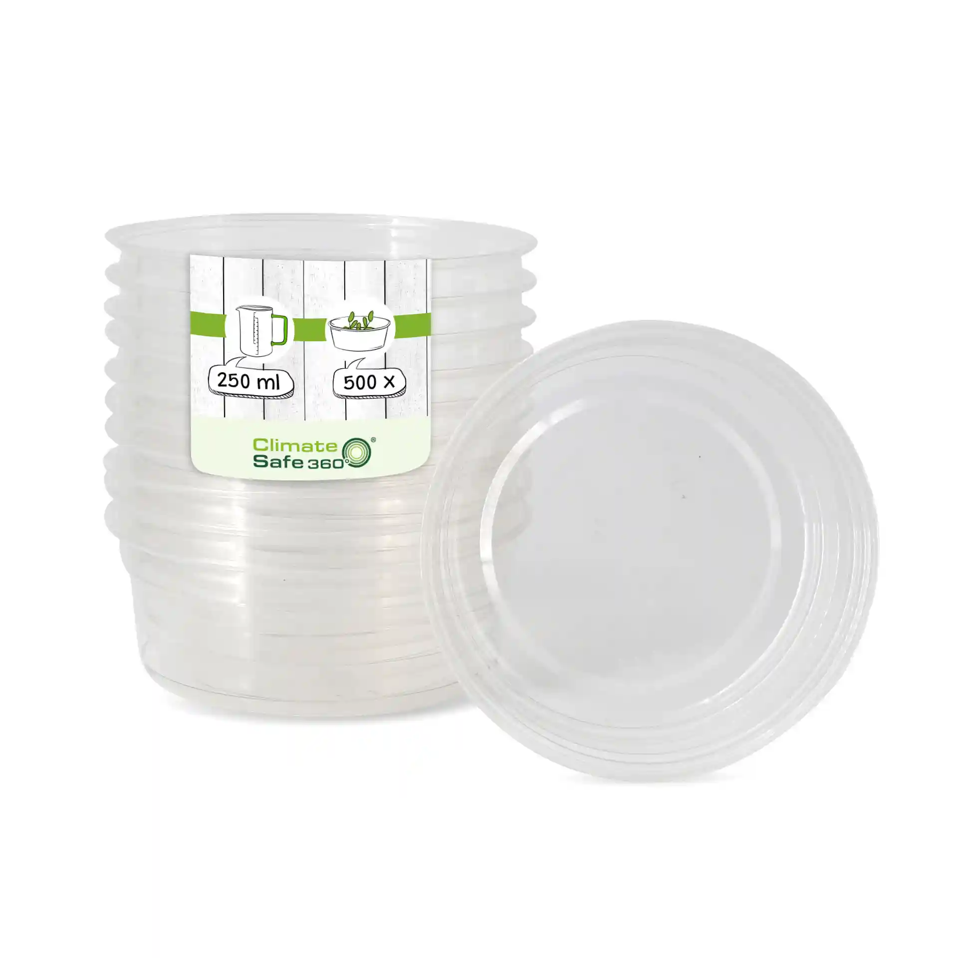 Transparante ronde deli-container met een inhoud van 250 ml, diameter van 117 mm en hoogte van 43 mm.