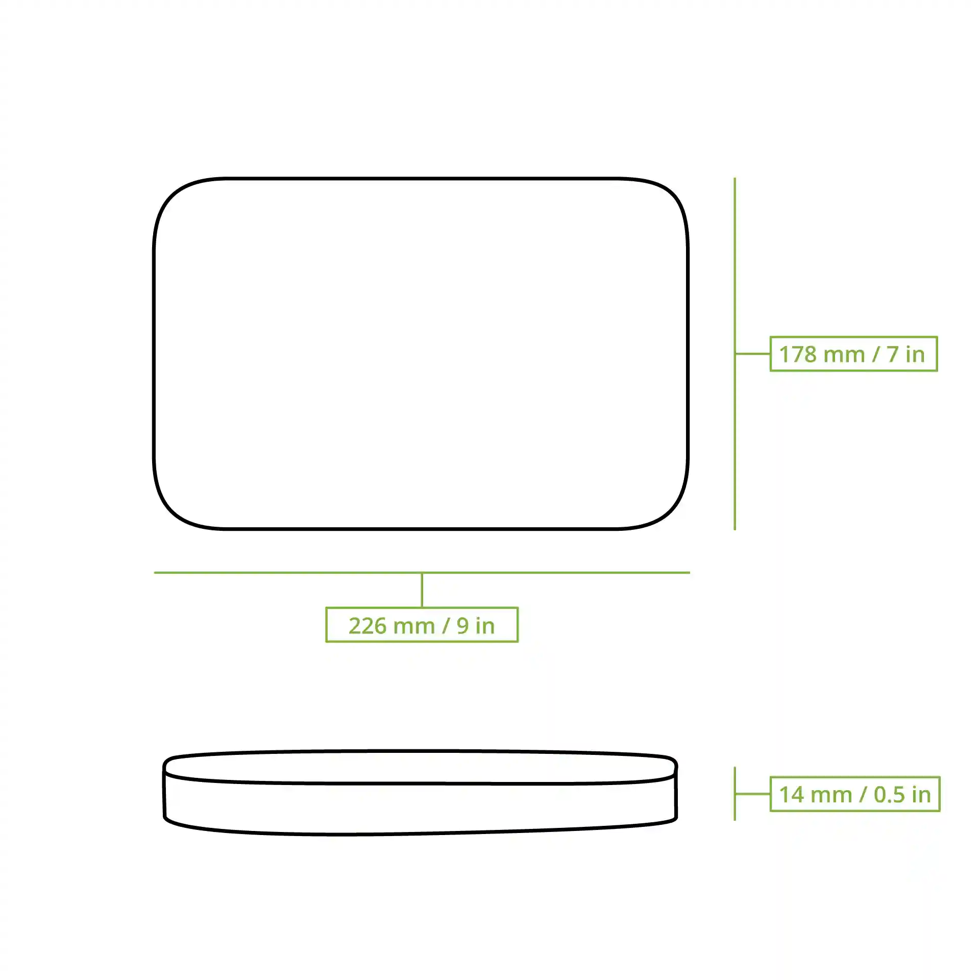 Schematische tekening van een rechthoekig aluminium deksel voor een twee-compartimenten maaltijdtray met afmetingen aangegeven.