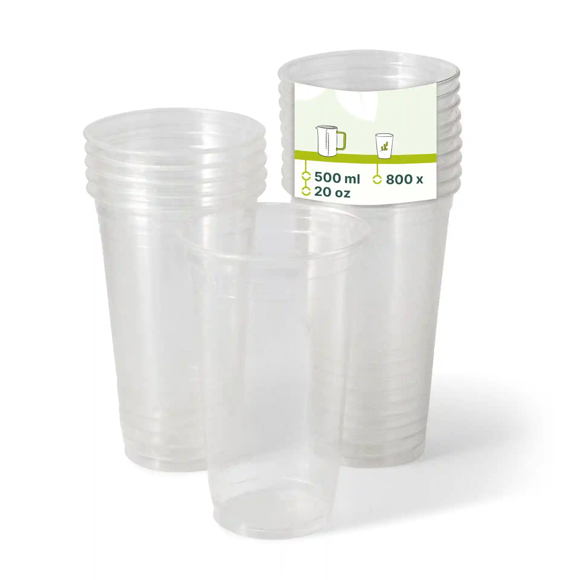 Transparante plastic bekers gestapeld, met een label dat een capaciteit van 500 ml en een hoeveelheid van 800 bekers toont.