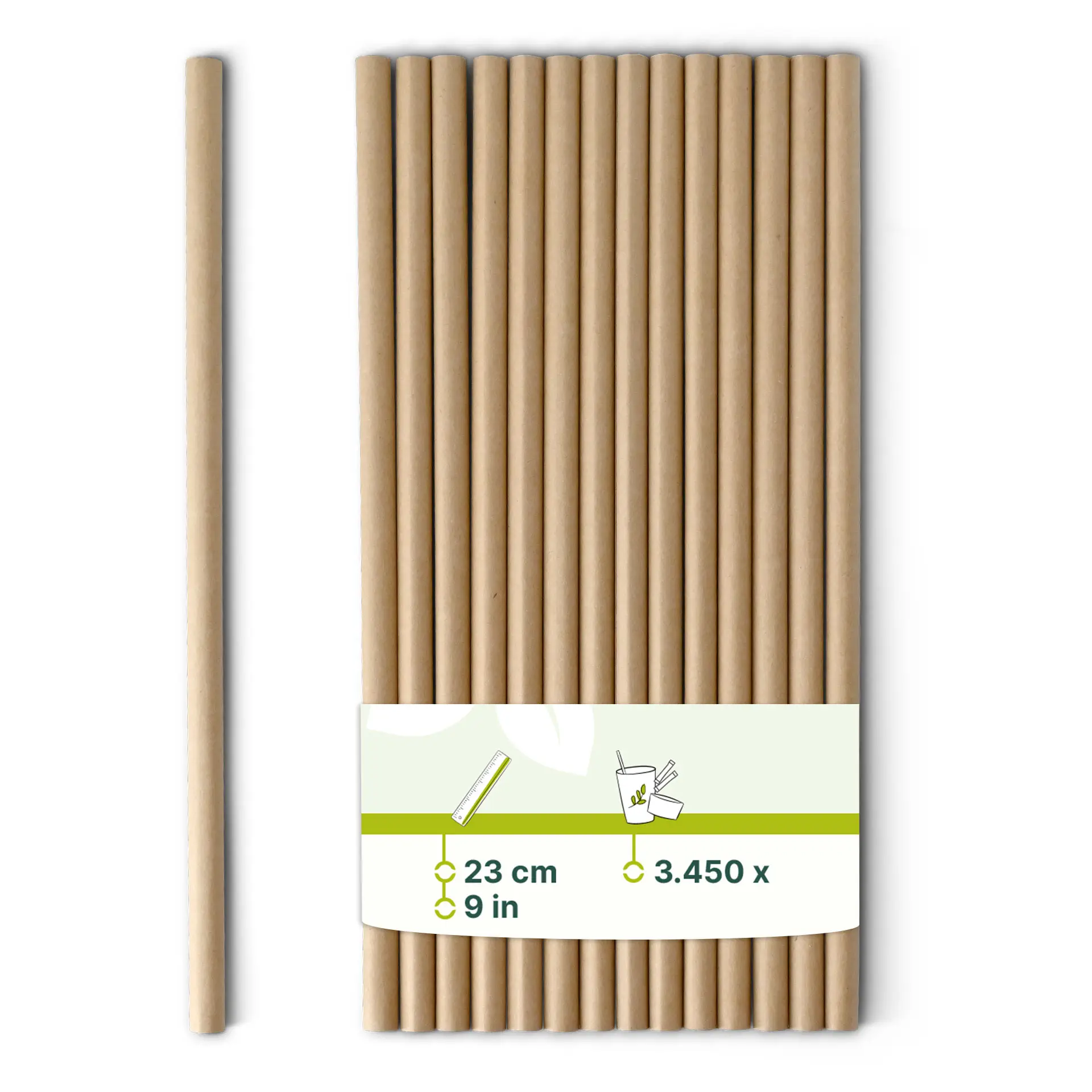 Jumbo papieren rietje 23 cm, Ø 0,8 cm, bruin, verticaal gerold