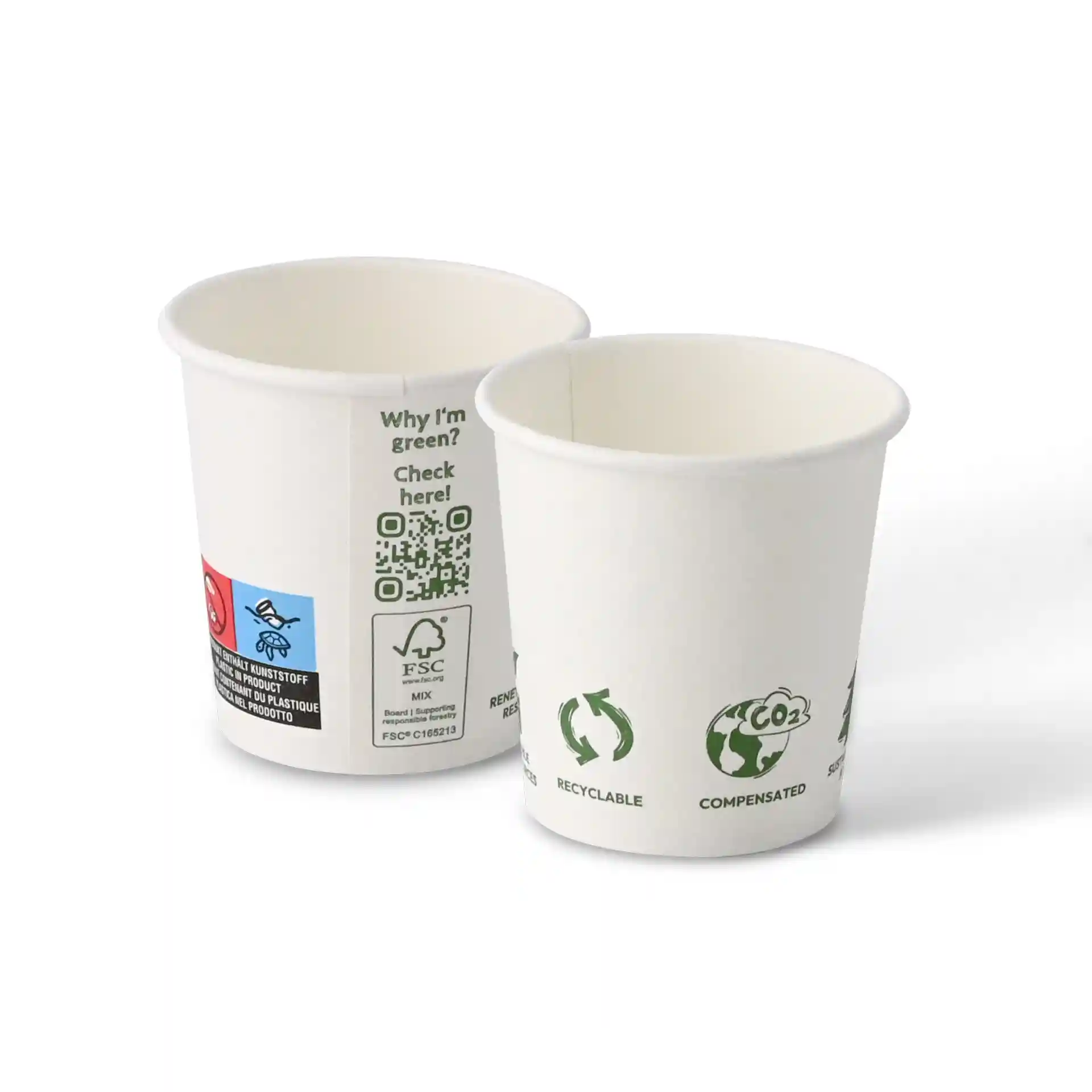 Witte beker, 100 ml, met een diameter van 62 mm, met verschillende eco-gerelateerde iconen op het oppervlak.