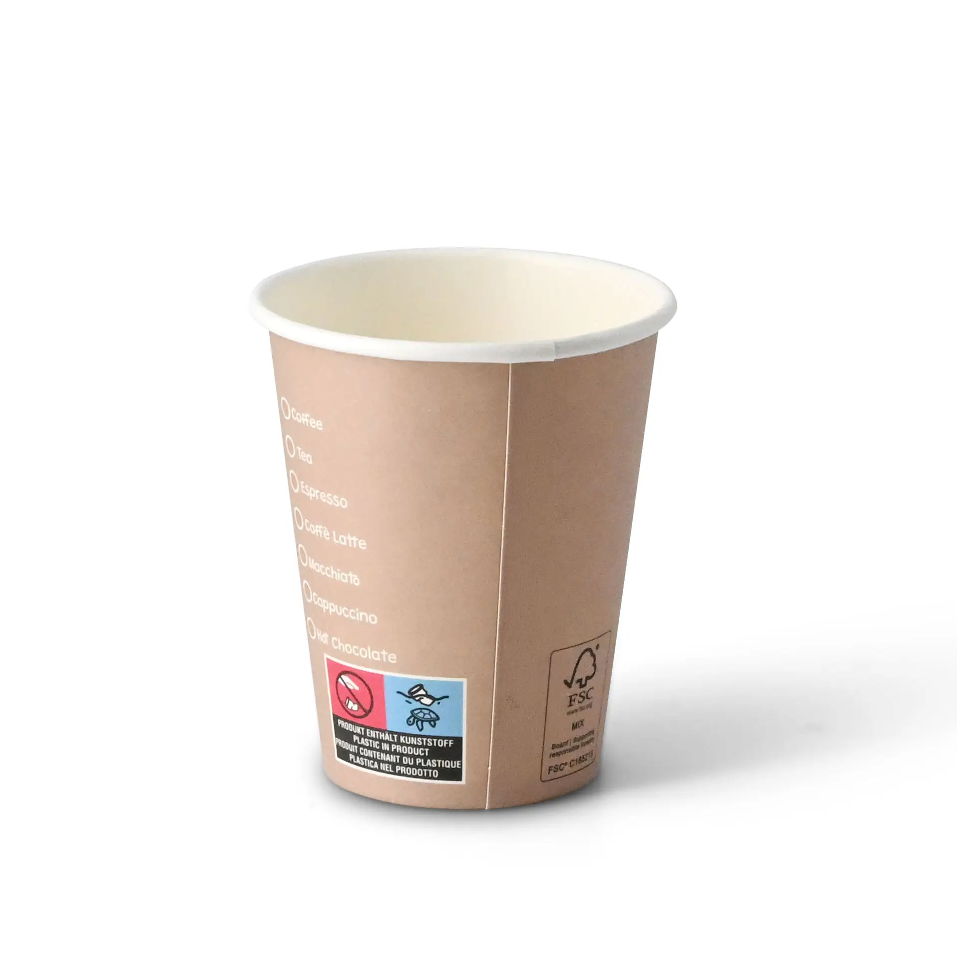 Één 8 oz papieren beker met 'Coffeebreak'-afdruk; ontwerp geschikt voor warme en koude dranken, met PE-gecoate oppervlakte.