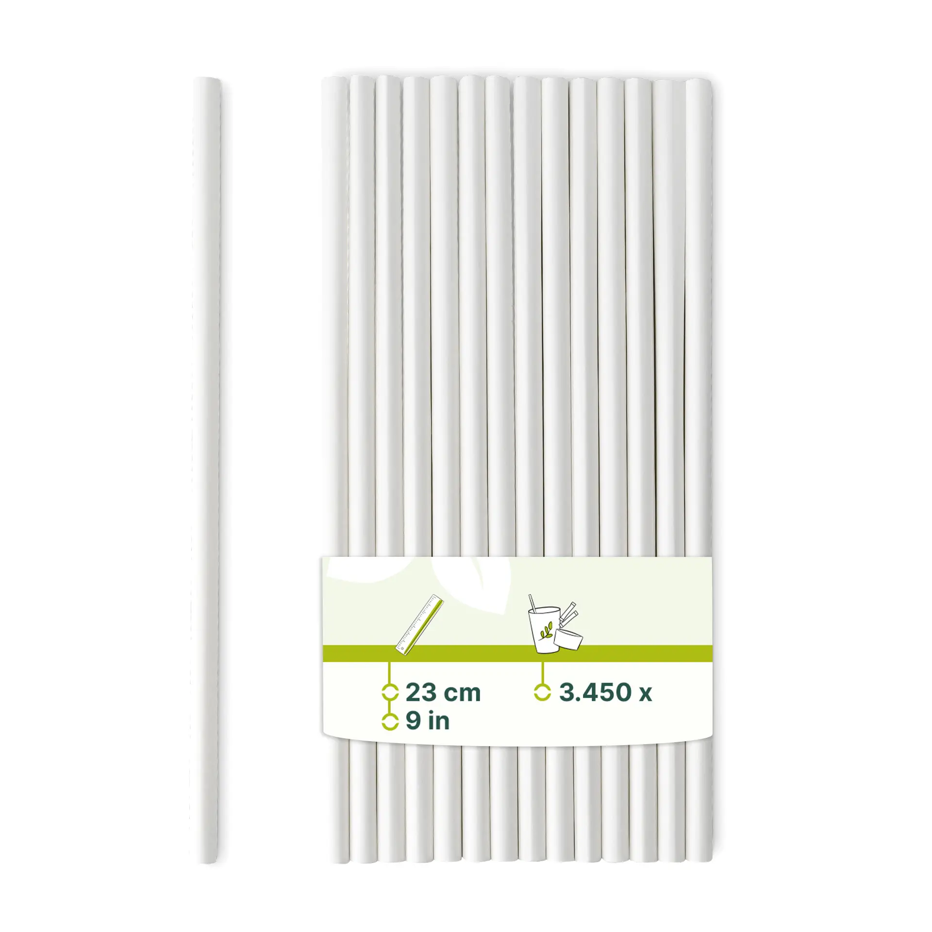 Jumbo papieren rietje 23 cm, Ø 0,8 cm, wit, verticaal gerold