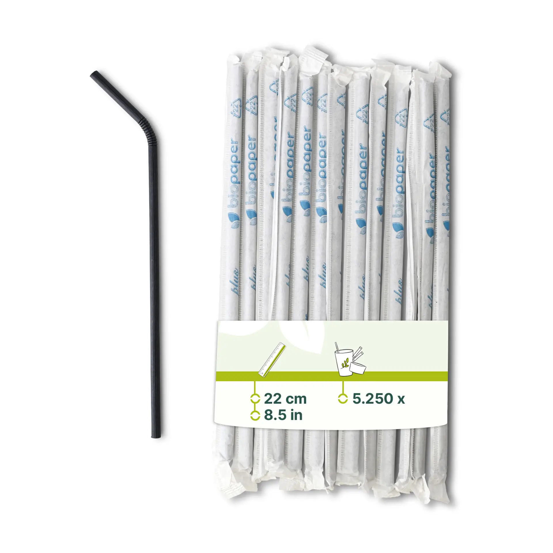 Rietjes van papier, flexibel 22 cm, Ø 0,5 cm, zwart, individueel verpakt Rietjes van papier, flexibel 22 cm, Ø 0,5 cm, zwart, individueel verpakt