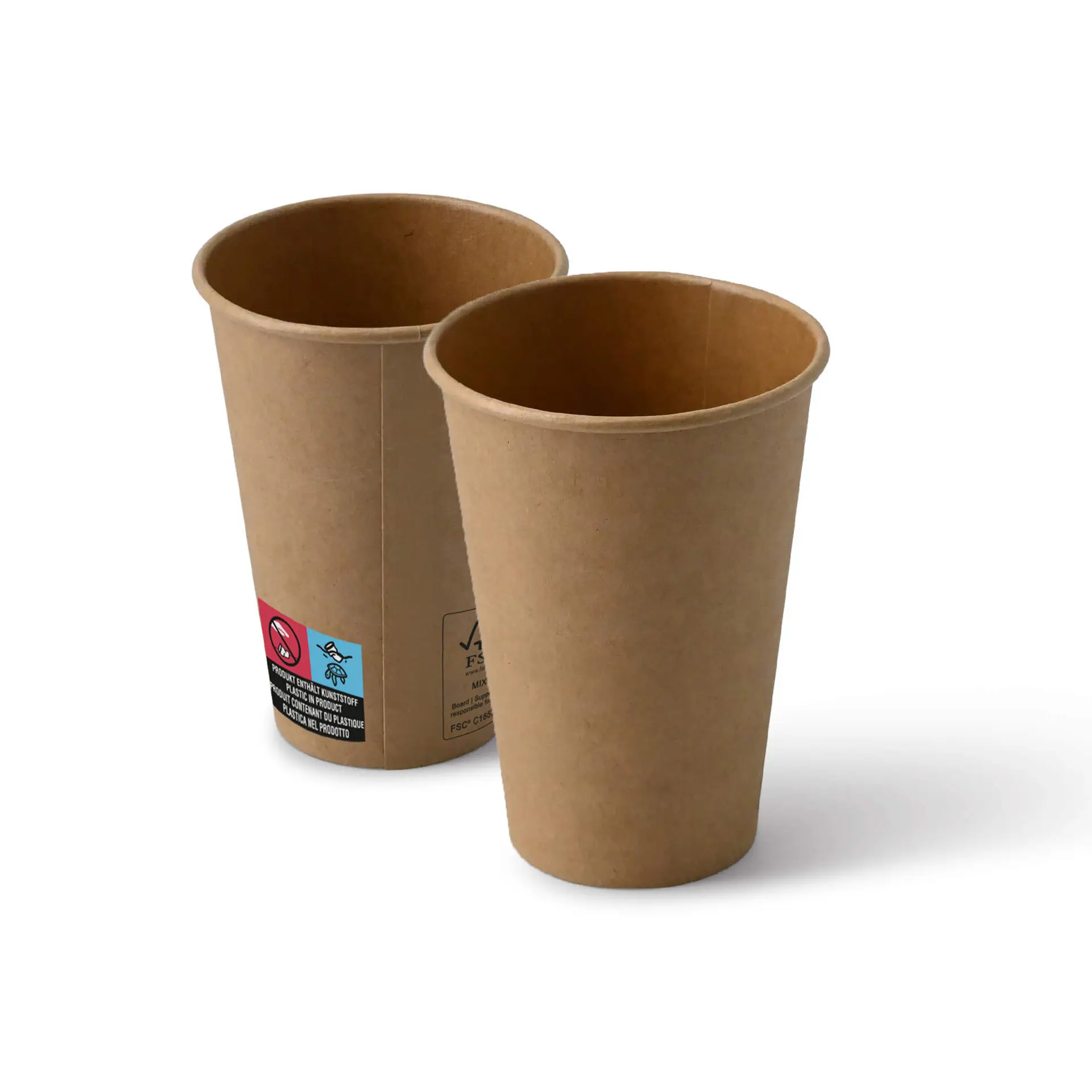 Twee 7,5 oz bruine papieren bekers voor automaten; één met zichtbaar etiket en markeringen, in een klassiek ontwerp.