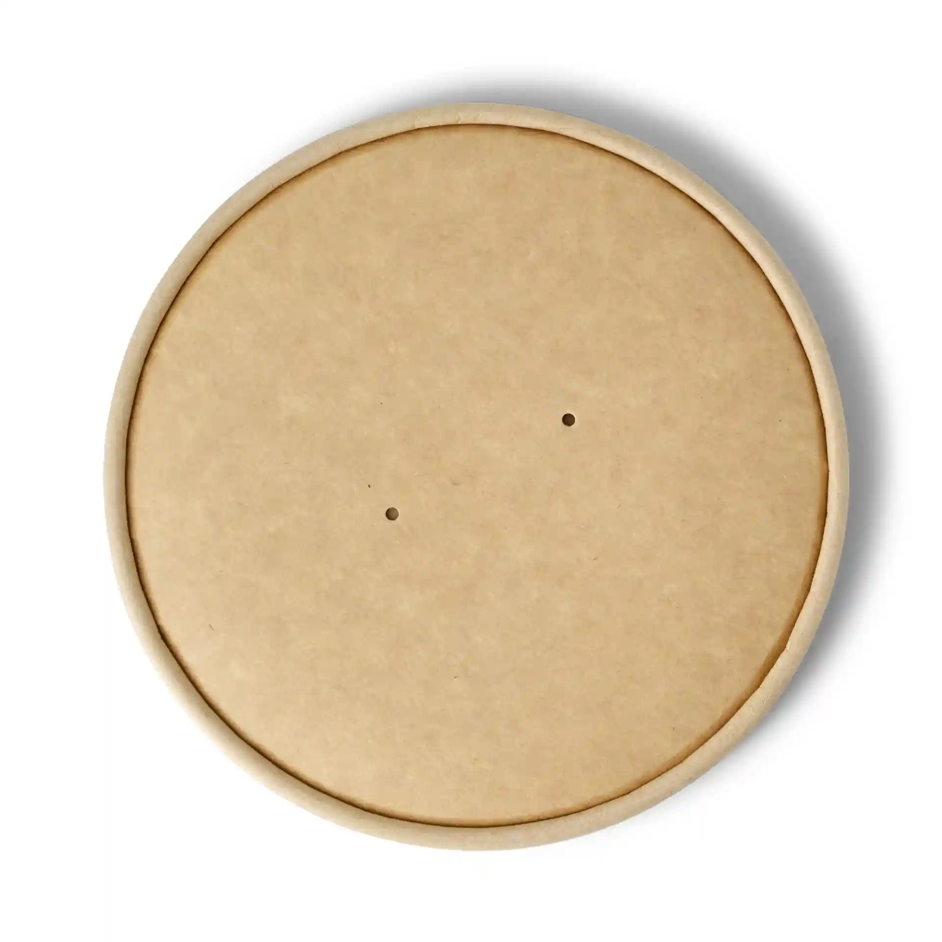 Ronde bruine kartonnen deksel met gecoate oppervlakte, met twee kleine gaten, diameter 150 mm.