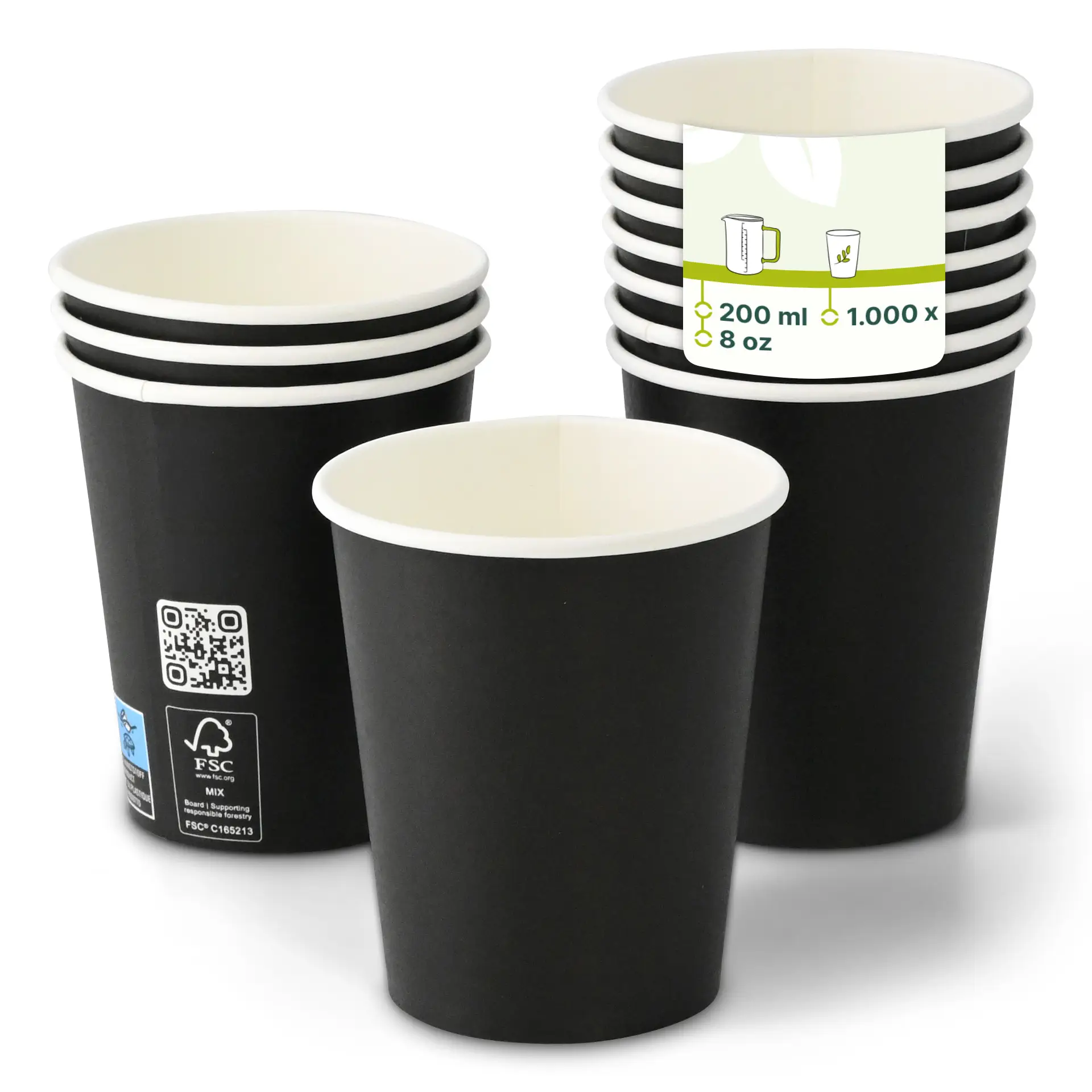 Één zwarte papieren beker (200 ml / 8 oz) met een PLA-coating in beeld; verschillende soortgelijke bekers met verminderde opaciteit erachter.