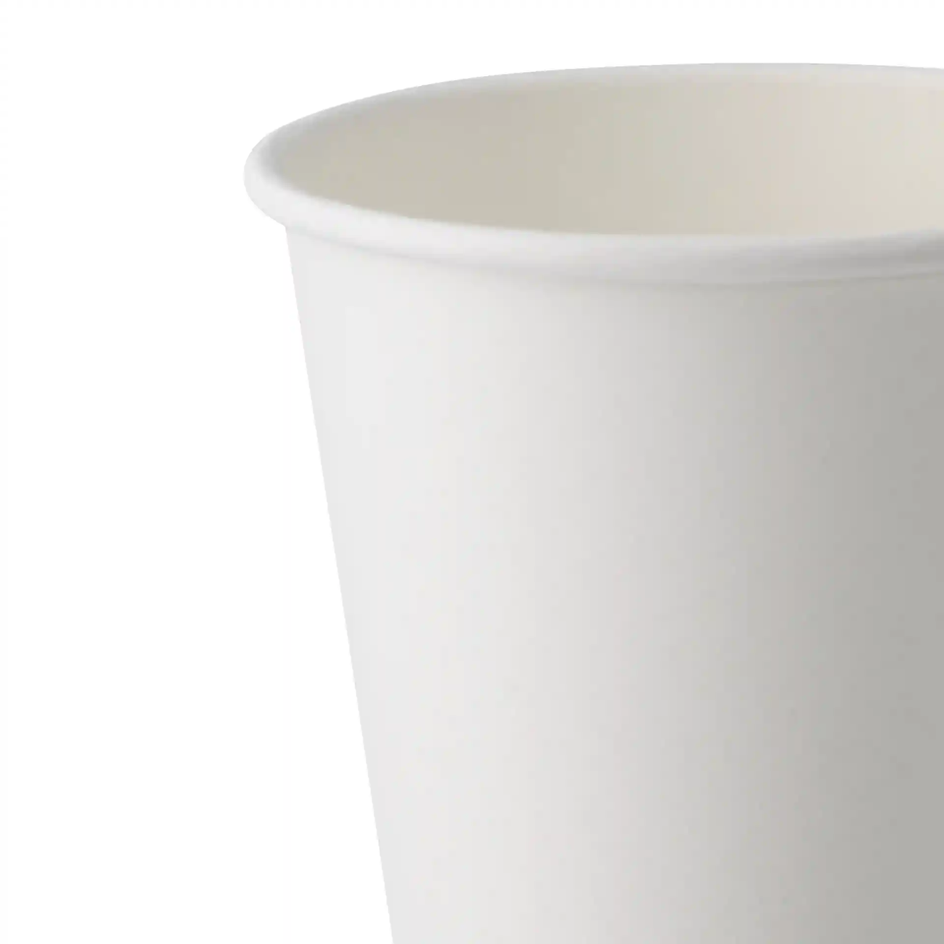 Witte papieren beker met enkele wand, 300 ml capaciteit en 90 mm diameter, toont de bovenrand en het interieur.