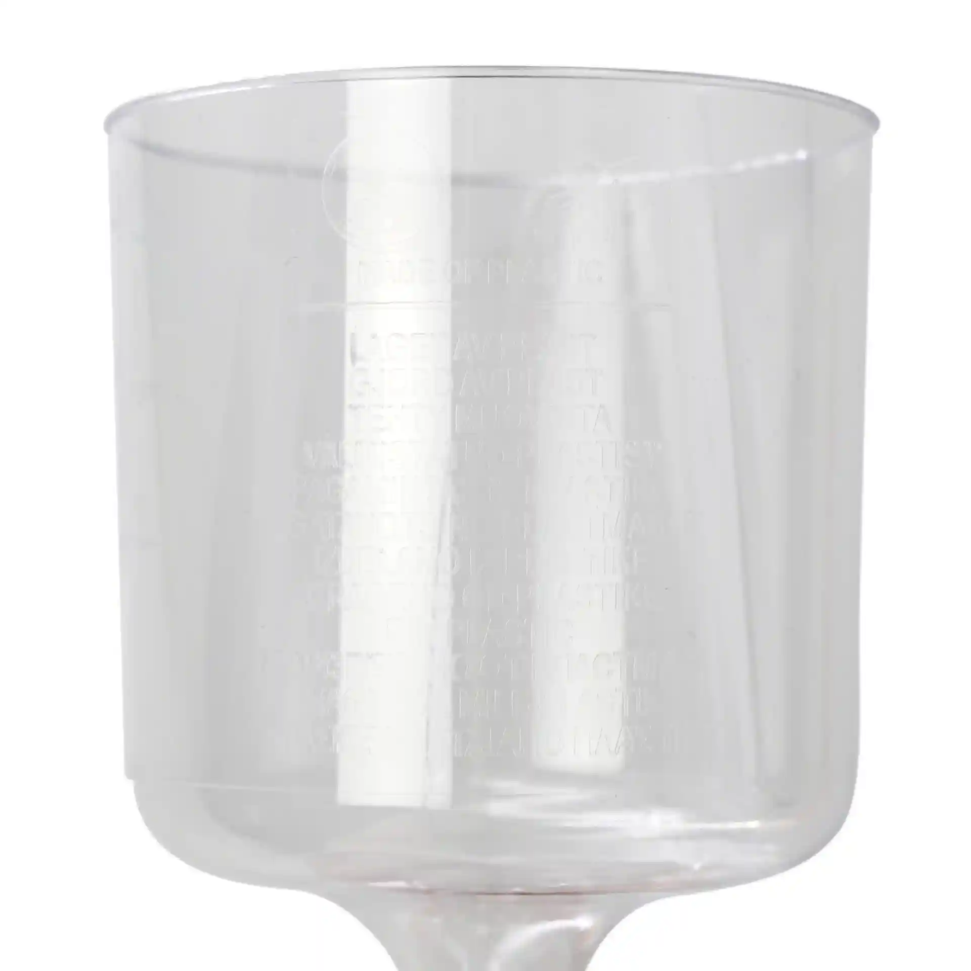 Transparante herbruikbare wijnglas met een inhoud van 200 ml, met een gladde oppervlakte en een taps toelopende basis.