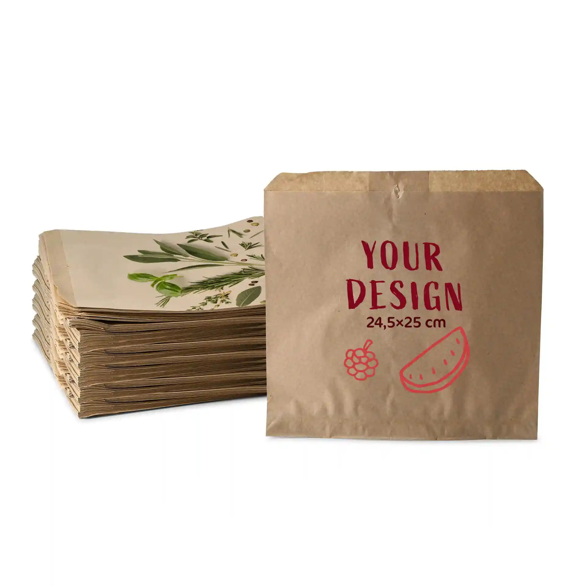 Bruine platte tassen met een bedrukt ontwerp, 24,5 × 25 cm, gestapeld achter een enkele tas.