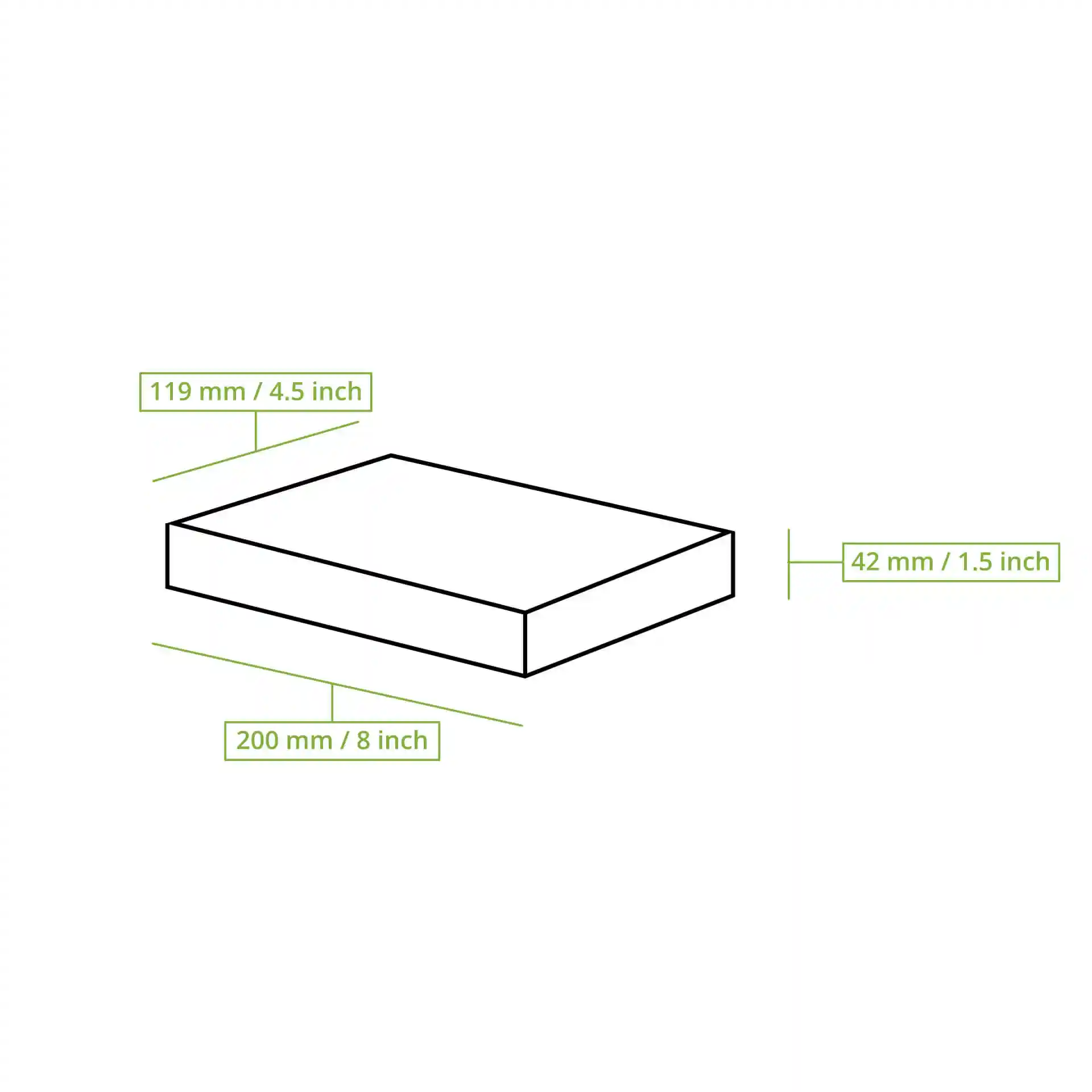 Schematische tekening van een rechthoekige doos met afmetingen: 120 mm lengte, 200 mm breedte en 42 mm hoogte.