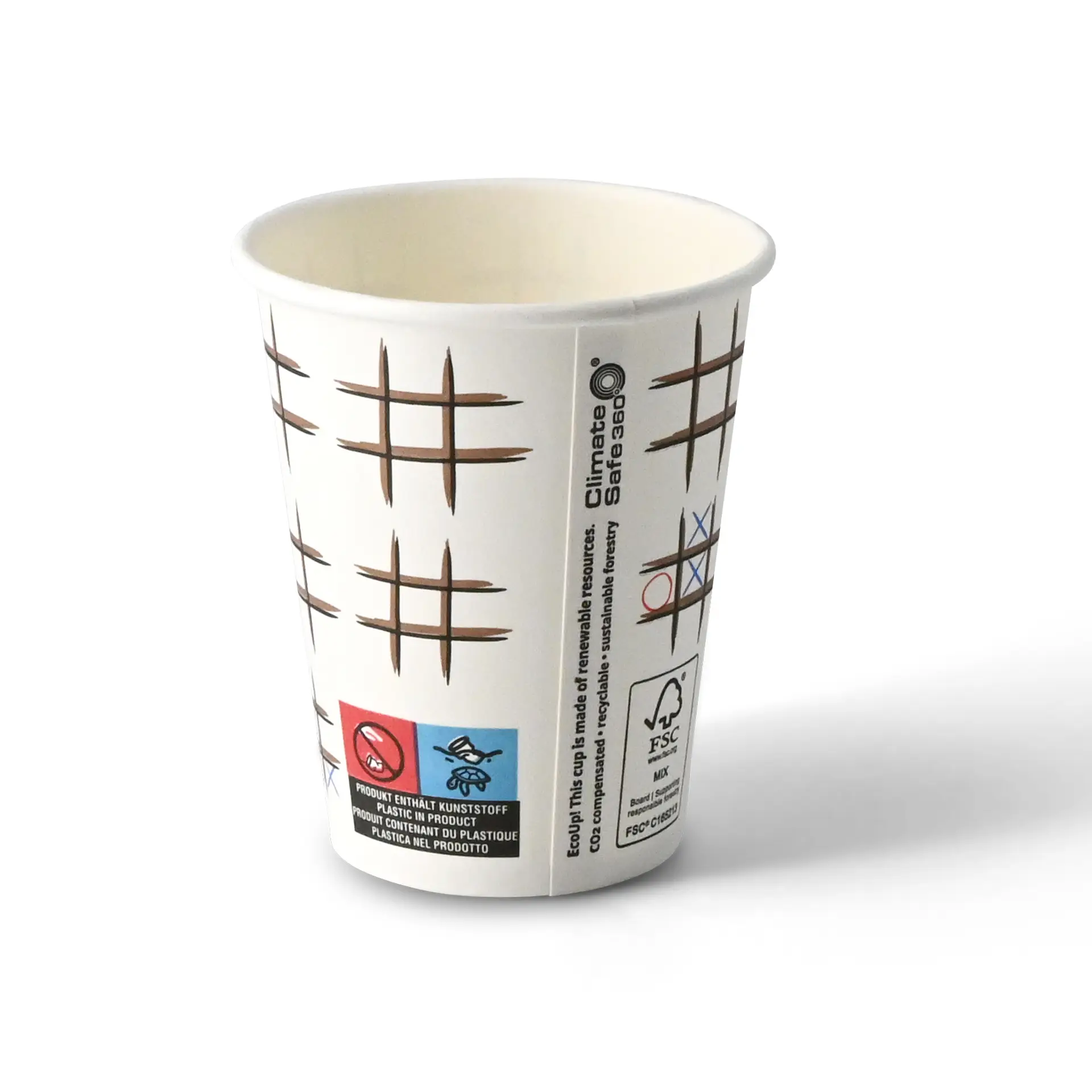 Bedrukte kartonnen beker "Tic Tac Toe" (gecoat) 200 ml / 8 oz, Ø 80 mm, wit