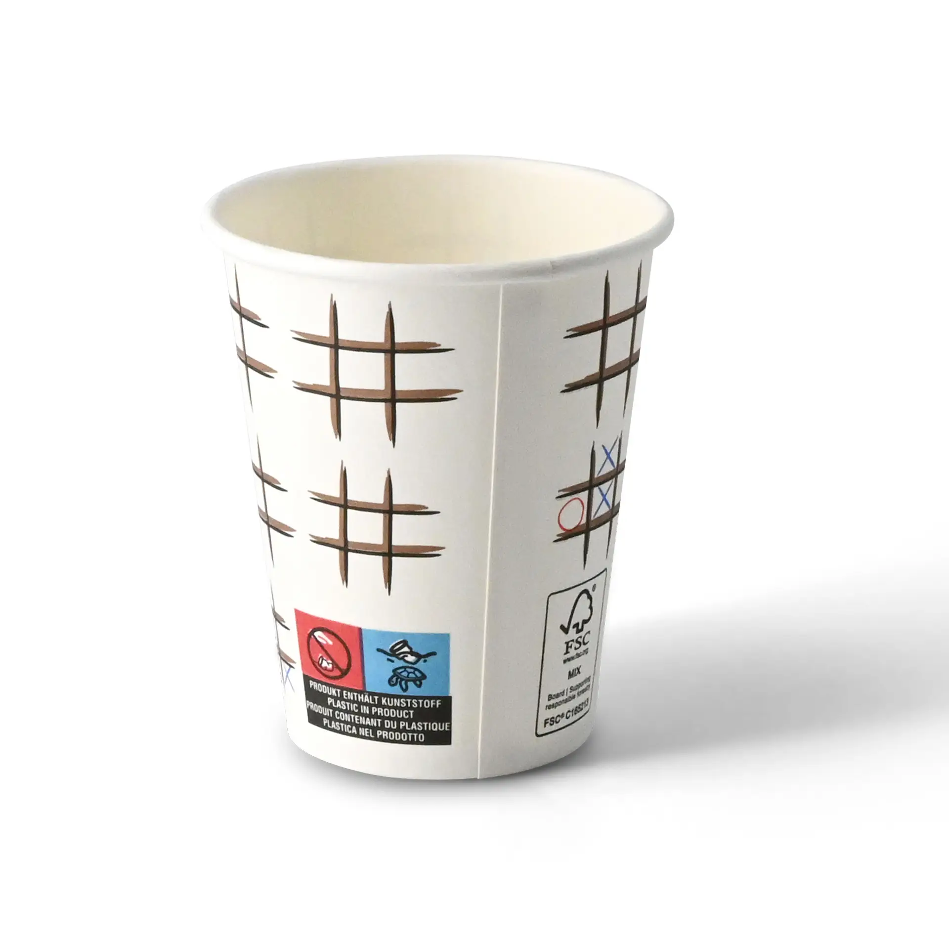 Witte beker met een gedrukt tic-tac-toe ontwerp, ronde vorm en een gecoate oppervlakte.