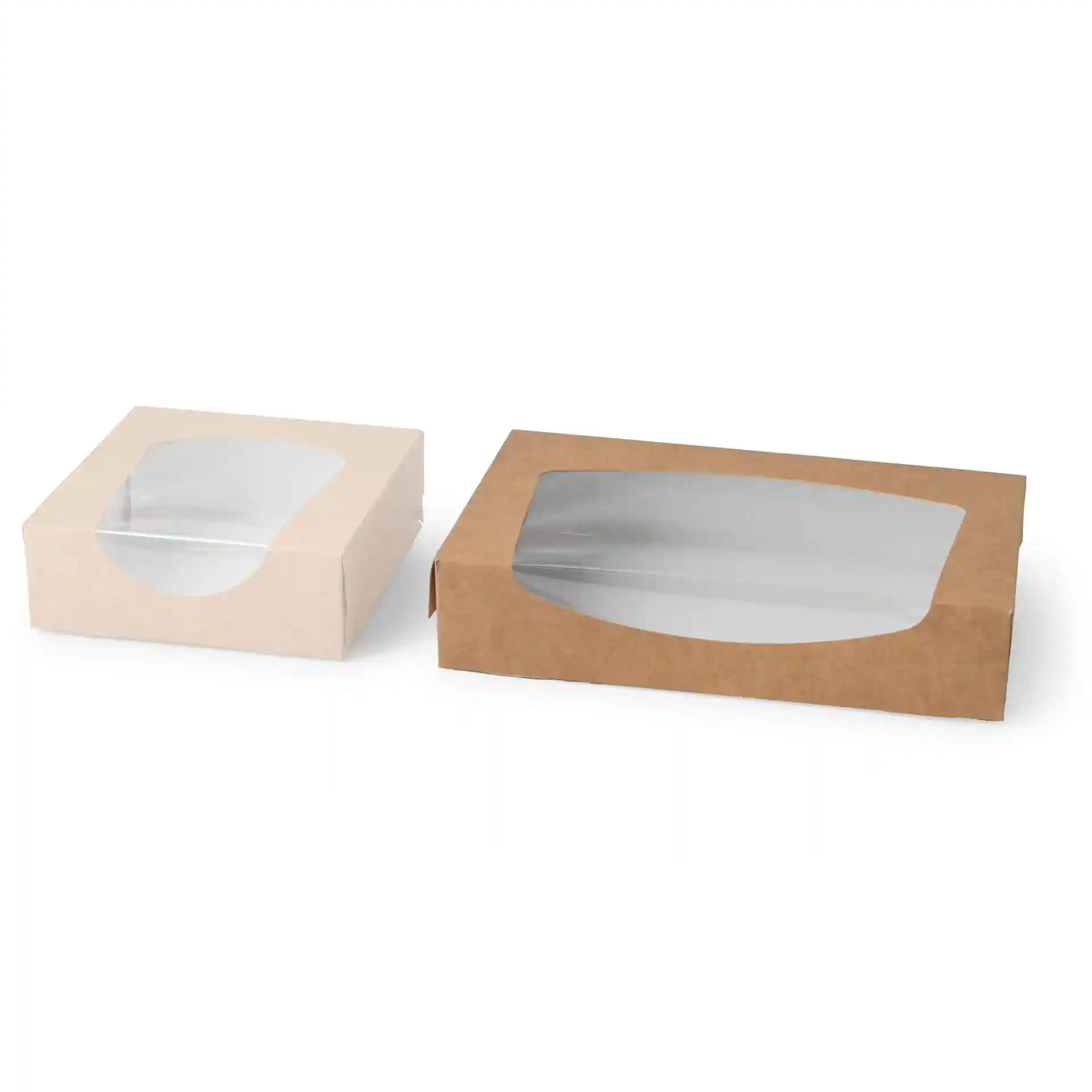Twee kartonnen vensterdozen, één bruin en één wit, met heldere plastic vensters, 20 x 12 x 4 cm.