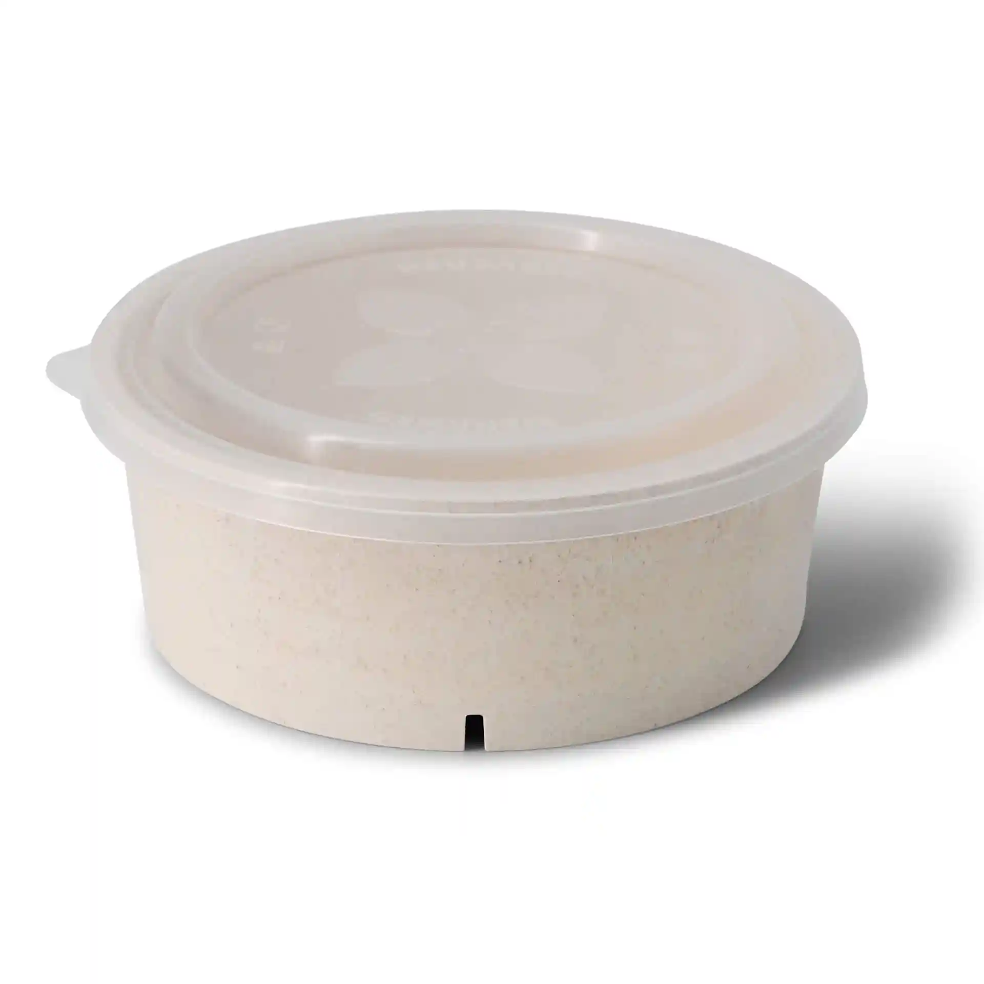 Ronde herbruikbare kom van een romig witte biocomposiet met een deksel van helder plastic, diameter 185 mm.