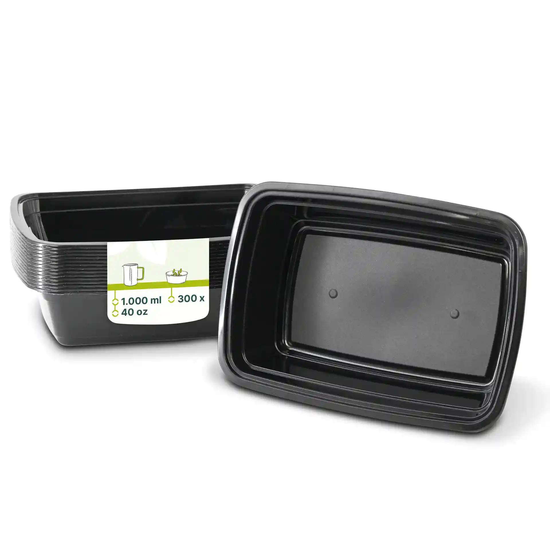 Zwarte rechthoekige herbruikbare container van PP, 1000 ml, hoogte 52 mm, lengte 217 mm, breedte 150 mm.
