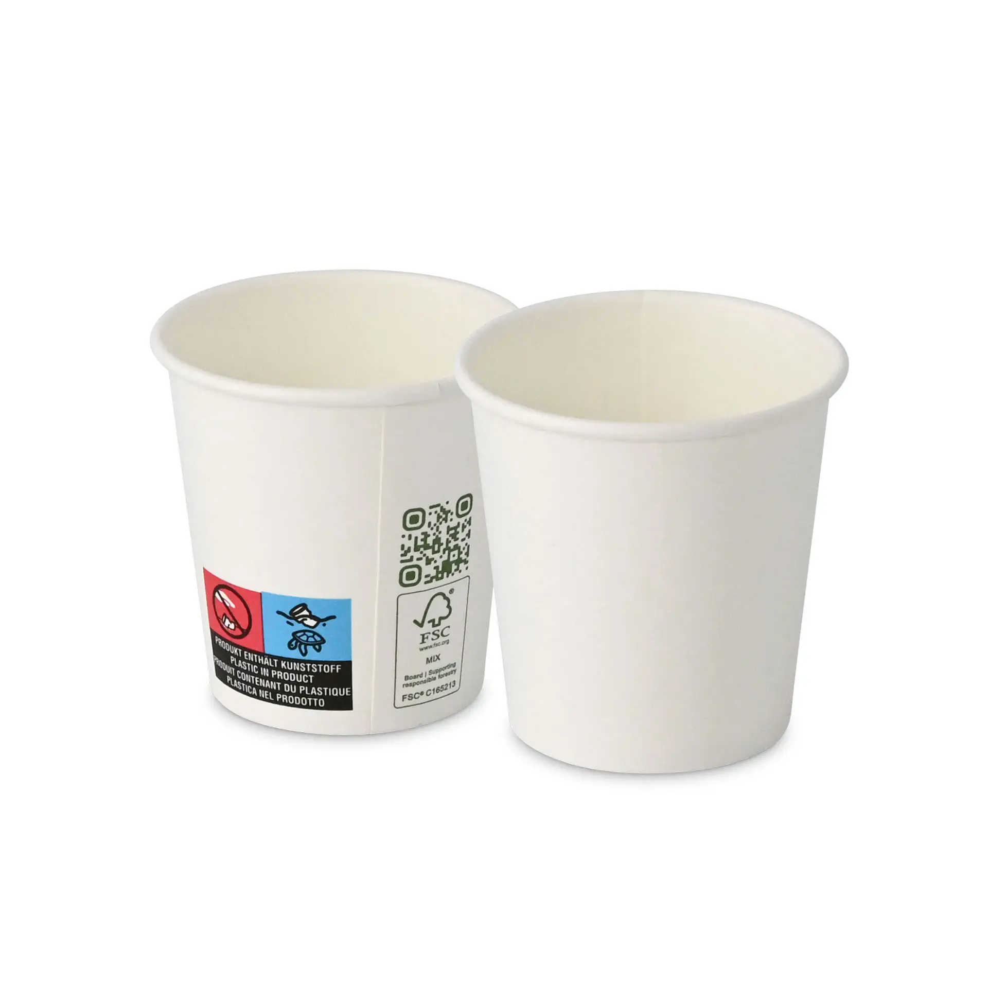 Twee witte papieren bekers met een enkele wand, 100 ml capaciteit en zichtbare labels aan de zijkant.