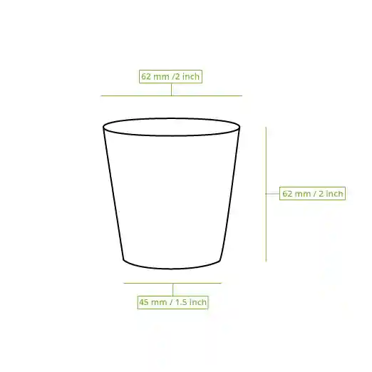 Schematische tekening van een beker met maatlijnen die een hoogte van 60 mm en een diameter van 62 mm aangeven.